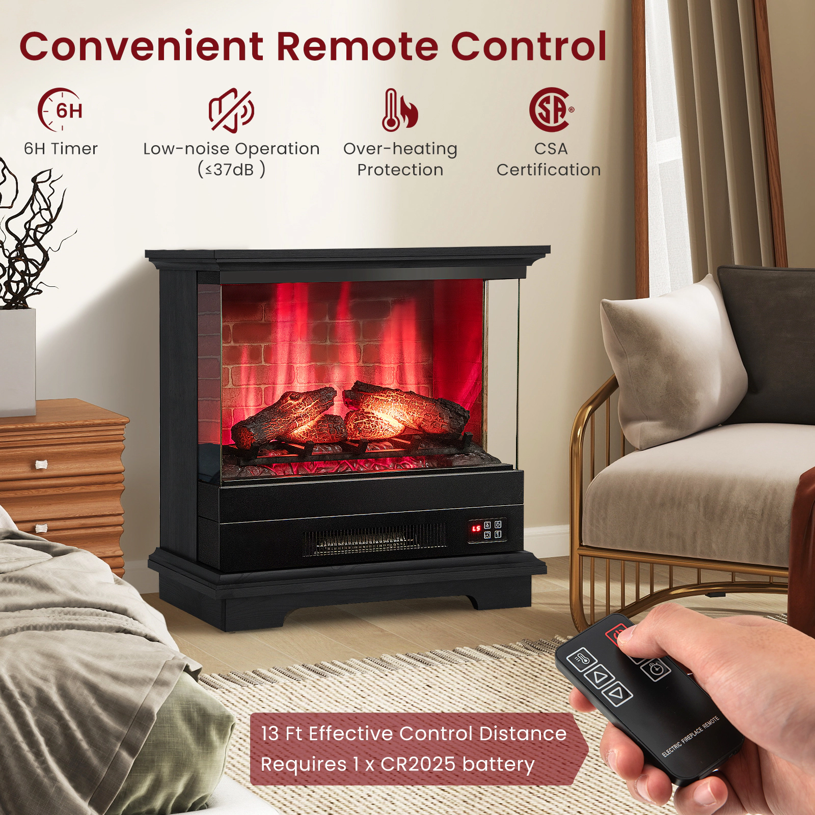 SUGIFT 27-in Freestanding Electric Fireplace Heater 4780 BTU 400 Sq.Ft Heating Range with Remote Control Black