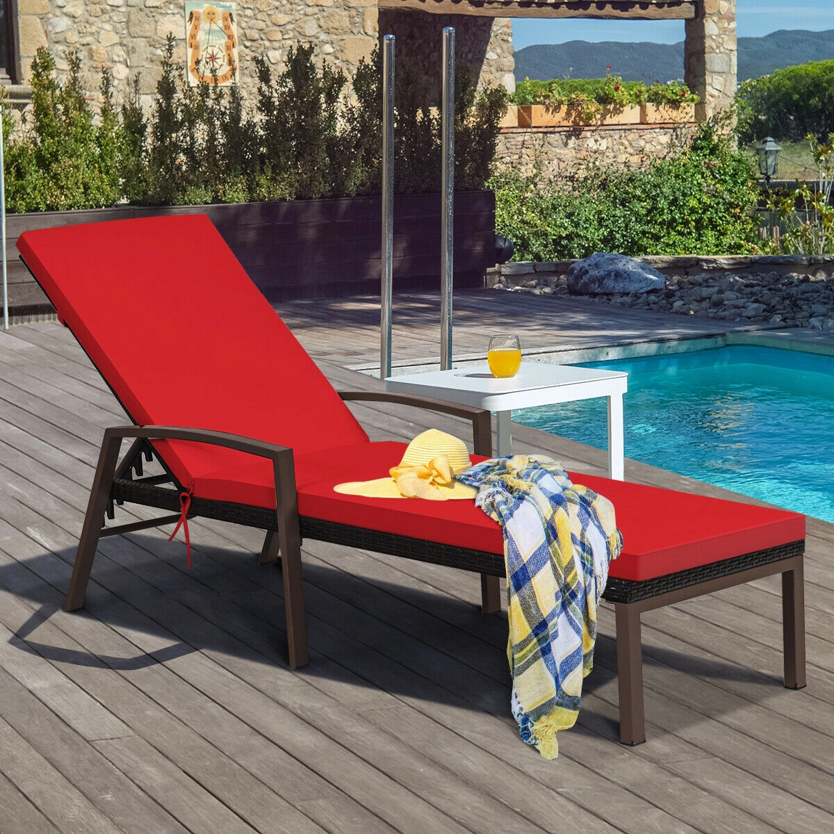 SUGIFT Adjustable Backrest Patio Rattan Lounge Chaise Recliner 400-lb Capacity with Cushion Red/White/Turquoise