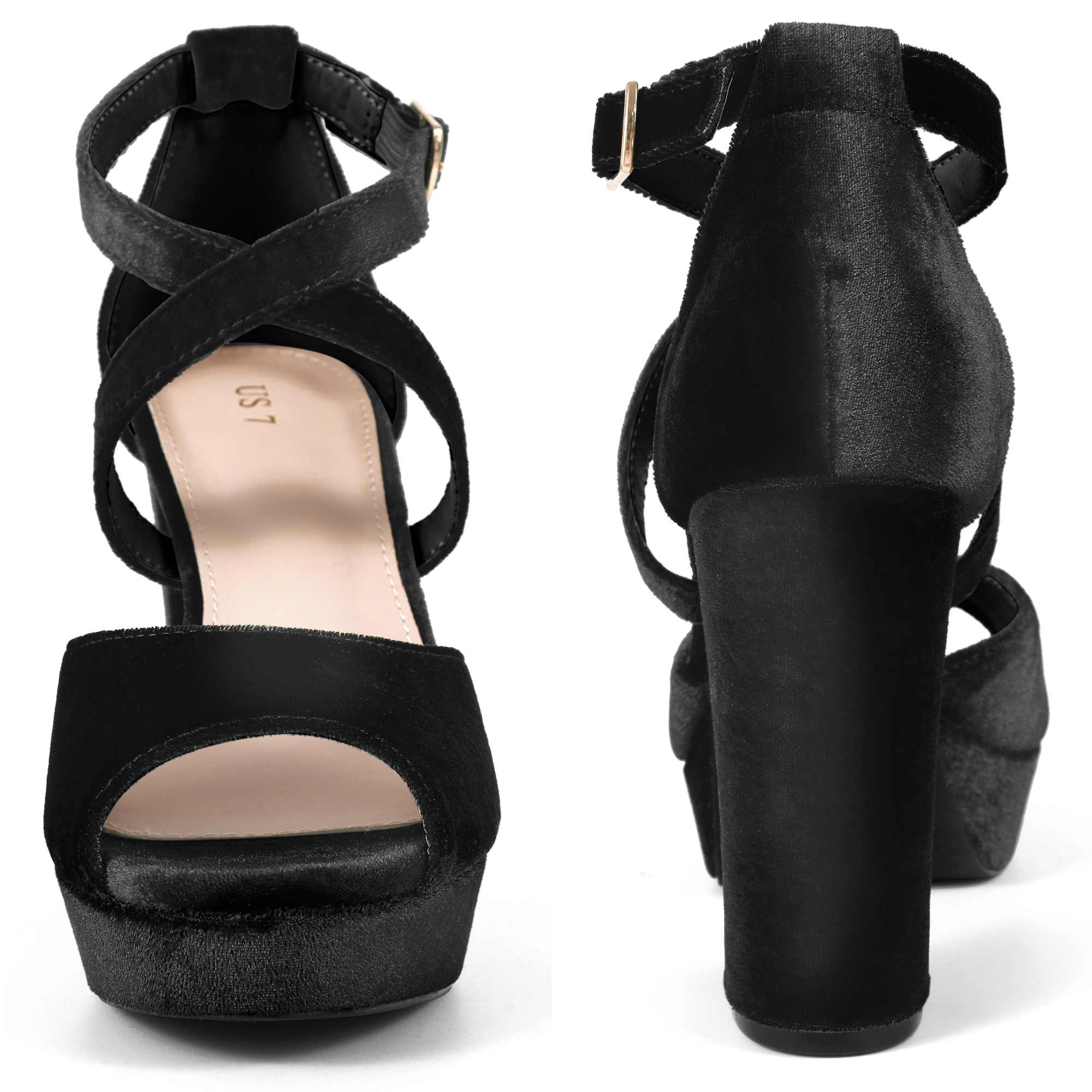 BLISSFUL STEP Women's Velvet Peep Toe Chunky Heel Block Platform Sandals