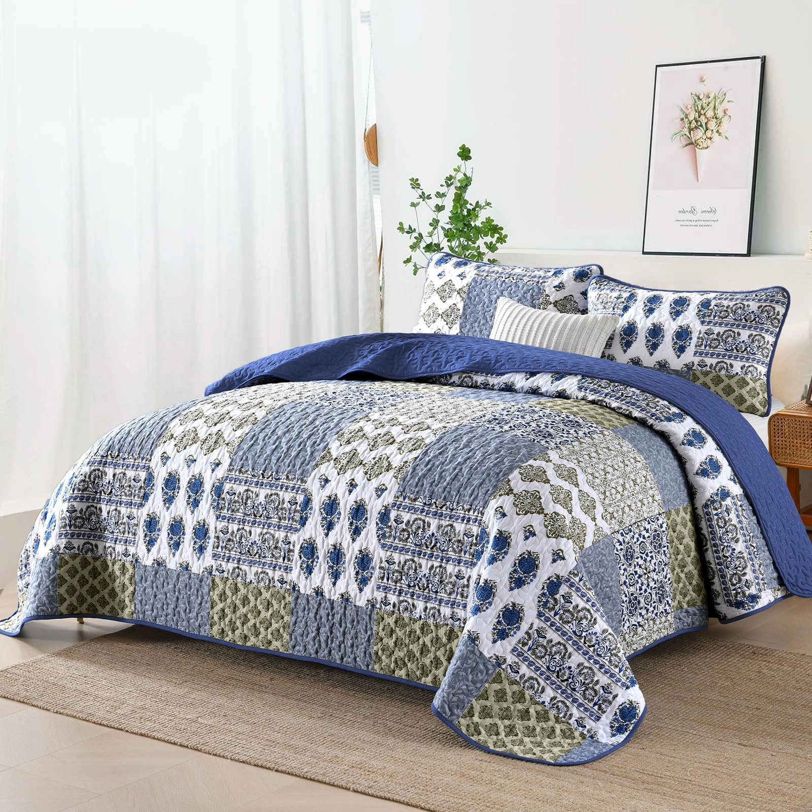 PUPWE Boho Quilt King  Patchwork Bedding Set Black Grey