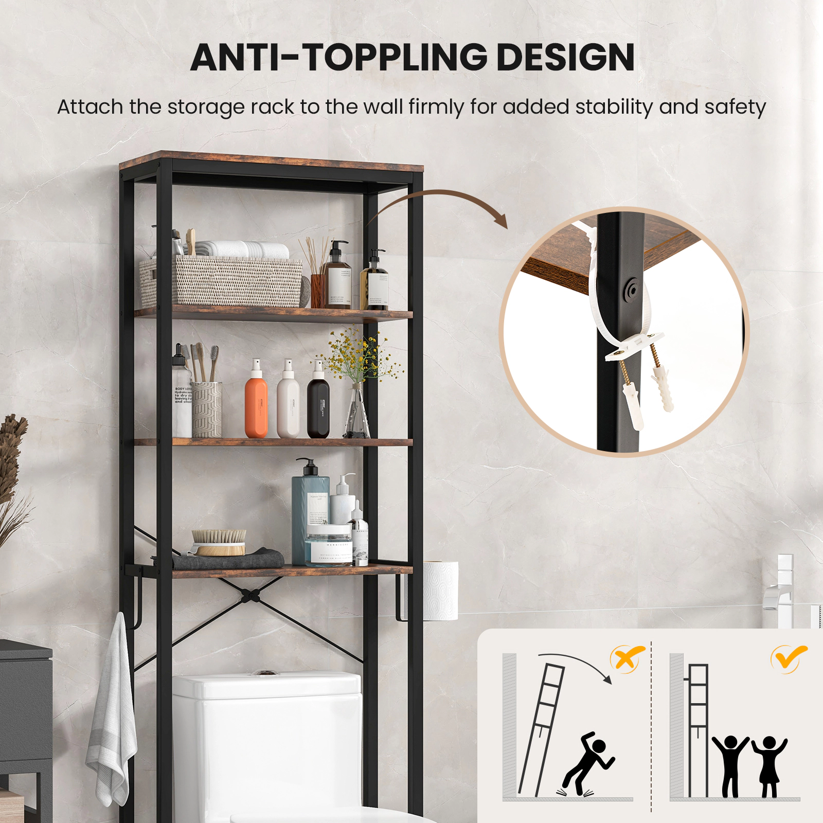 SUGIFT 4-Tier Rustic Brown 70-in Tall Freestanding Over the Toilet Wood Bathroom Storage Rack Shelf
