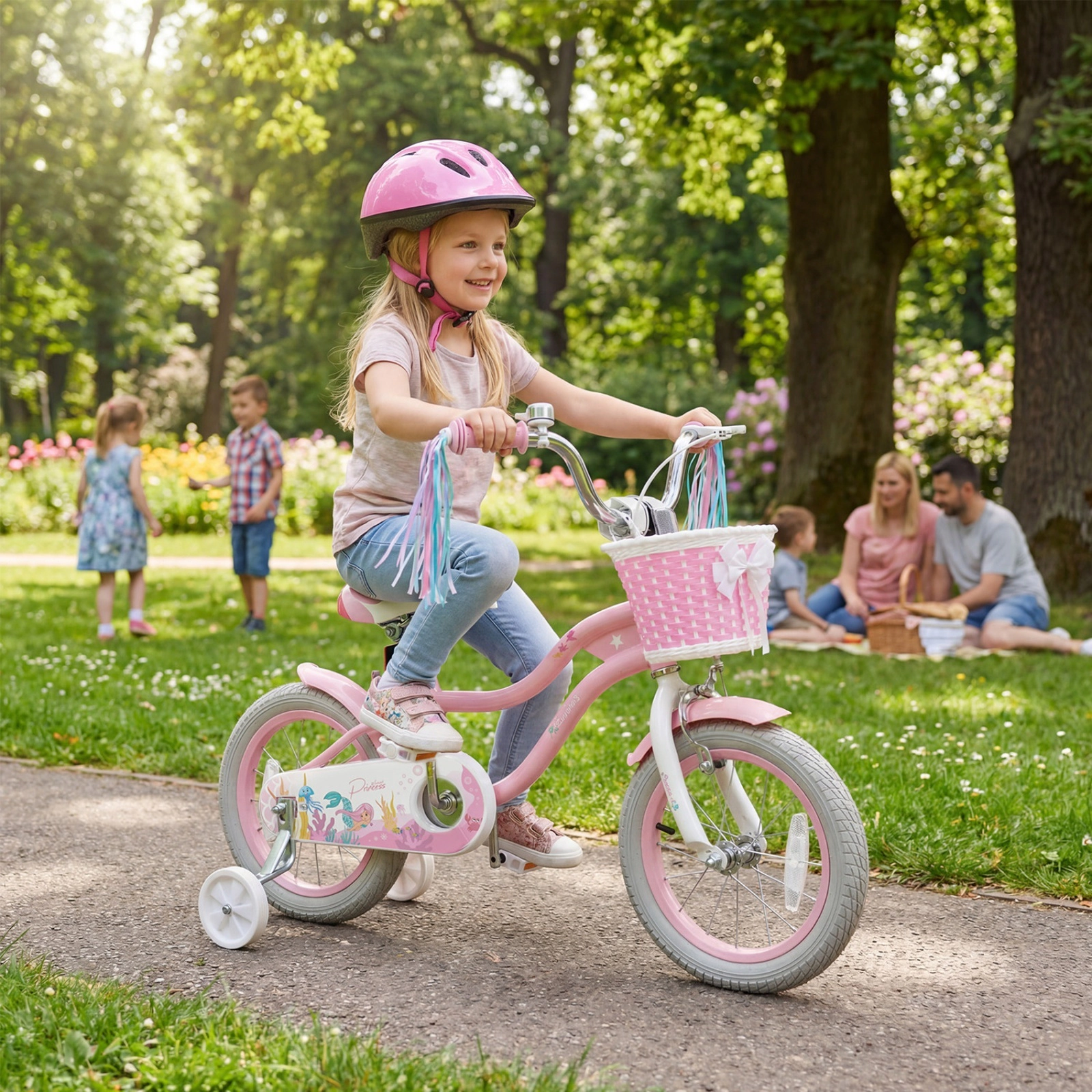 14-in Girls Kids Bike Training Wheels Basket Handlebar Ages 3-5 Pink Bicycle Padded Seat Bell 110-lb Capacity