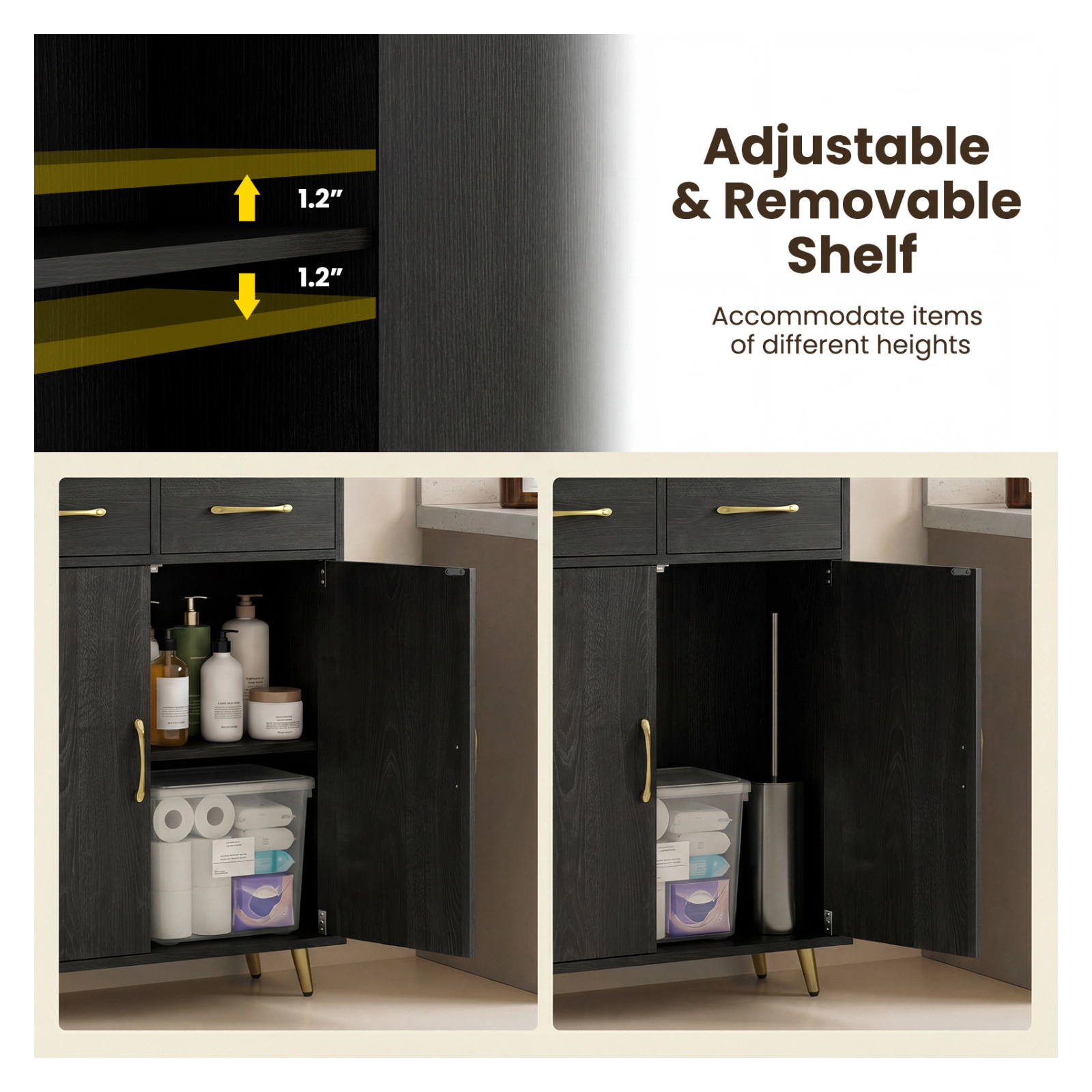 Glintex 42.5-Inch Bathroom Cabinet with Twin Drawers Metal Legs and Anti-Drop Design