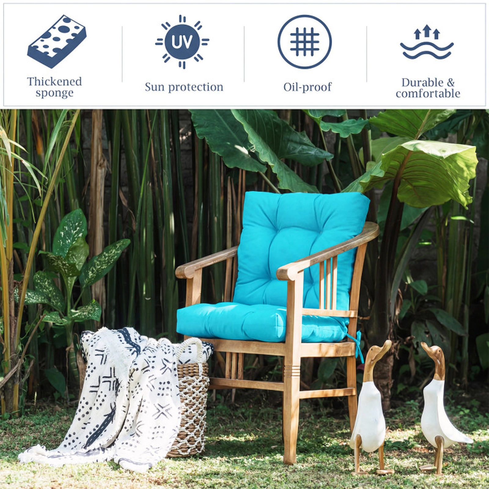 SUGIFT 45.5-in x 22-in Turquoise Tufted High Back Outdoor Patio Chair Cushion with 3-Fold Design and String Ties