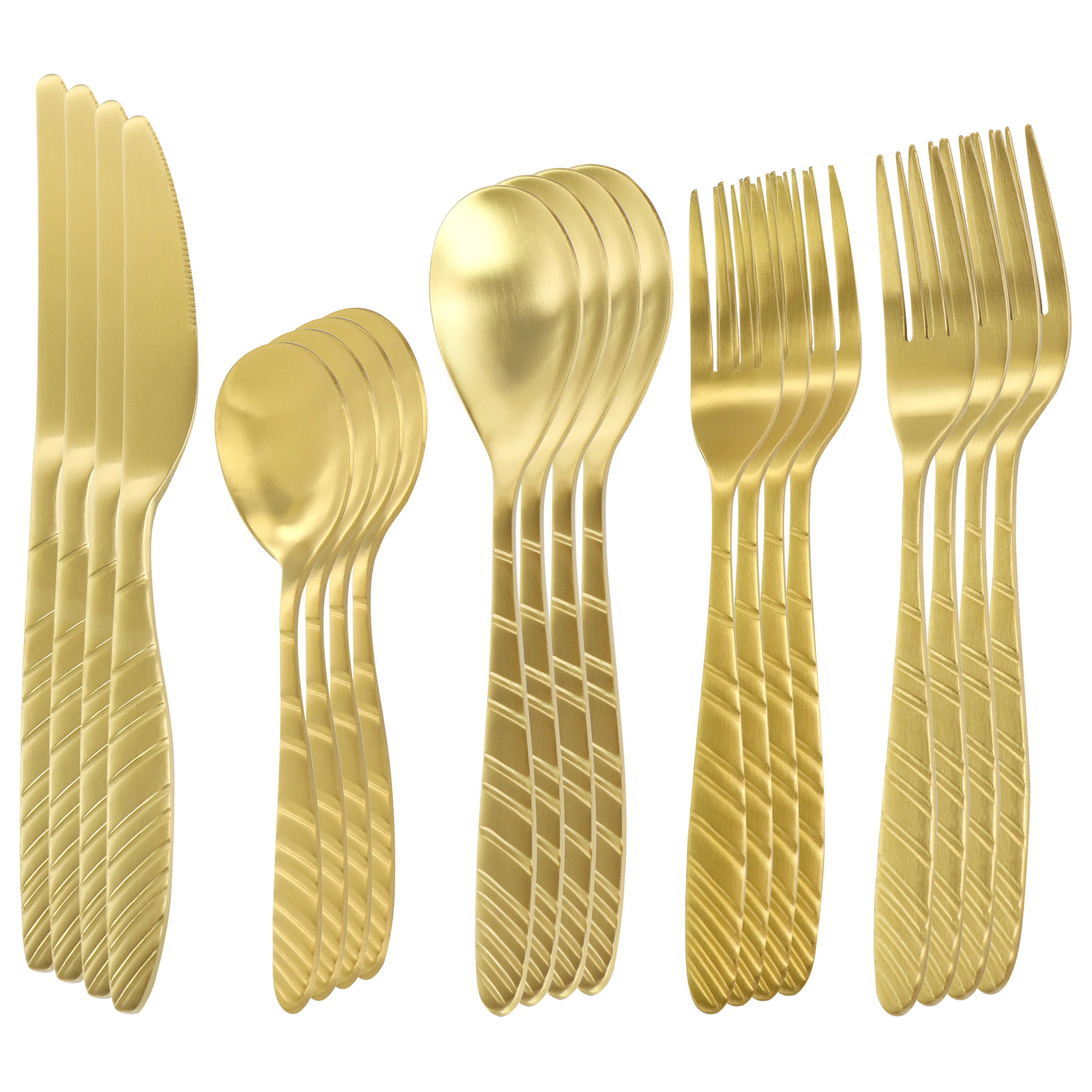 Megachef La Vague 20 Piece Flatware Utensil Set, Stainless Steel Silverware Metal Service for 4 in Matte Gold