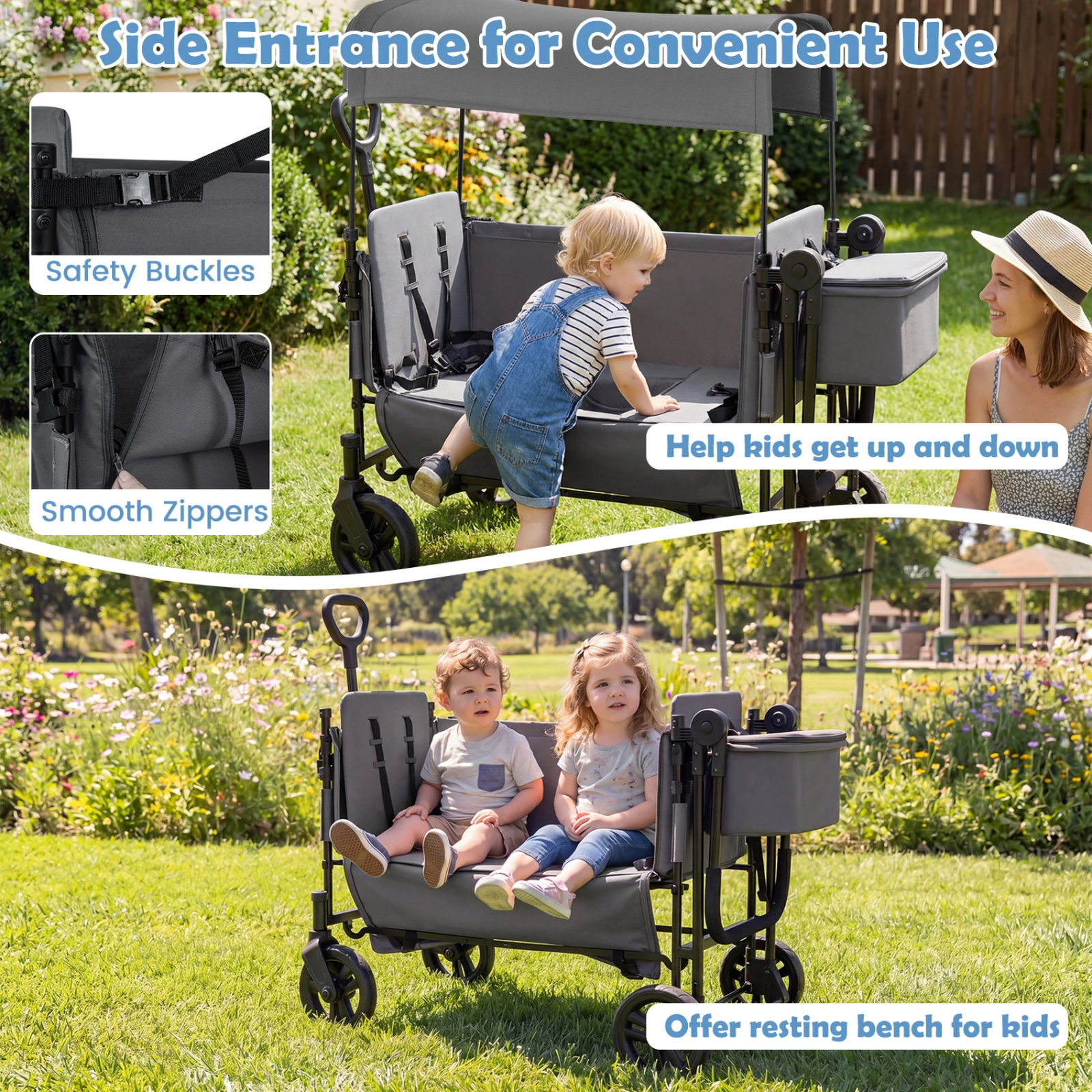 SUGIFT Toddler Gray 2-Seat Wagon Stroller with Removable Canopy 54-in W 25.5-in D 44-in H 40-lb Per Seat