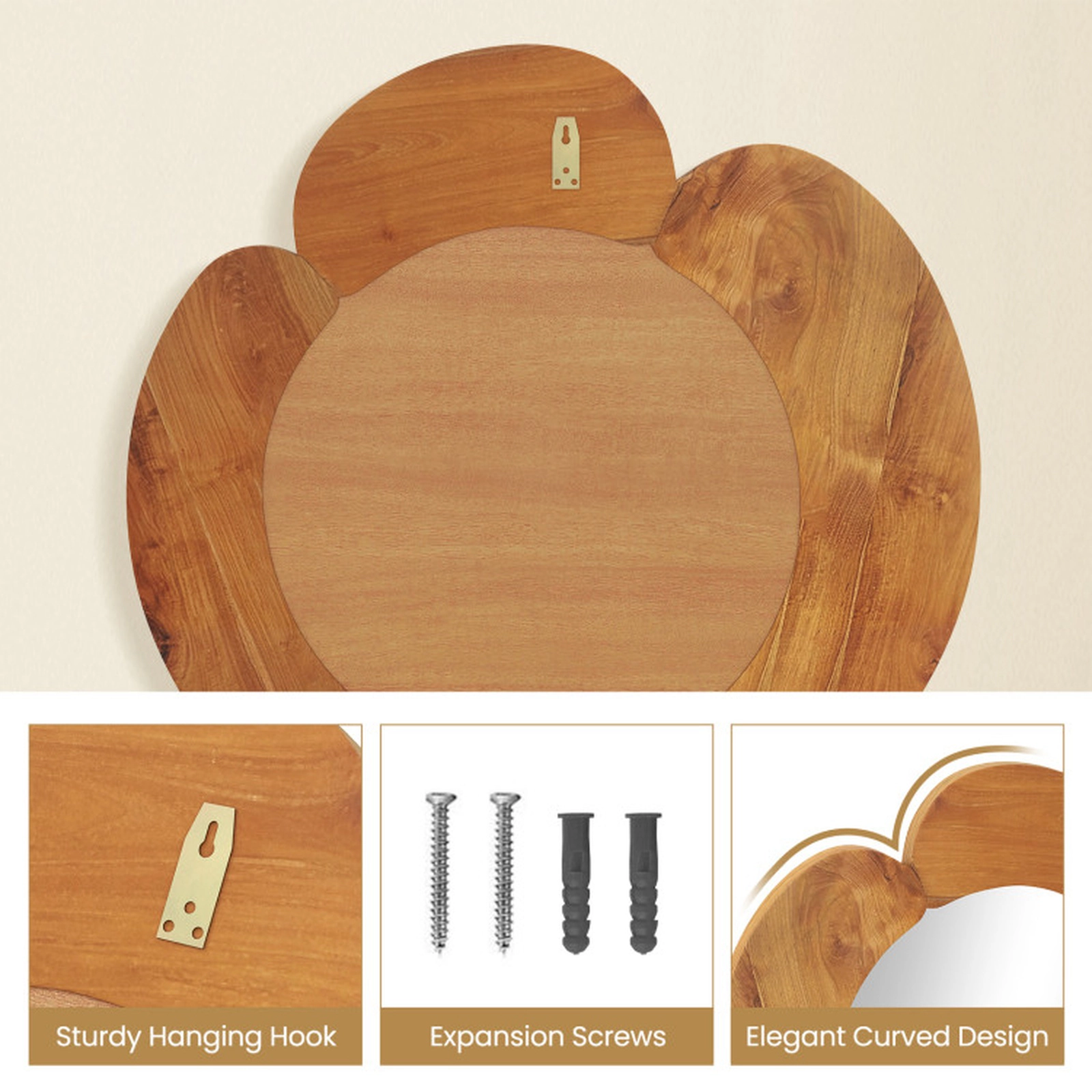 SUGIFT 29-in Rustic Hanging Vanity Mirror with Solid Teak Wood Frame Waterproof Varnish and Hanging Hook