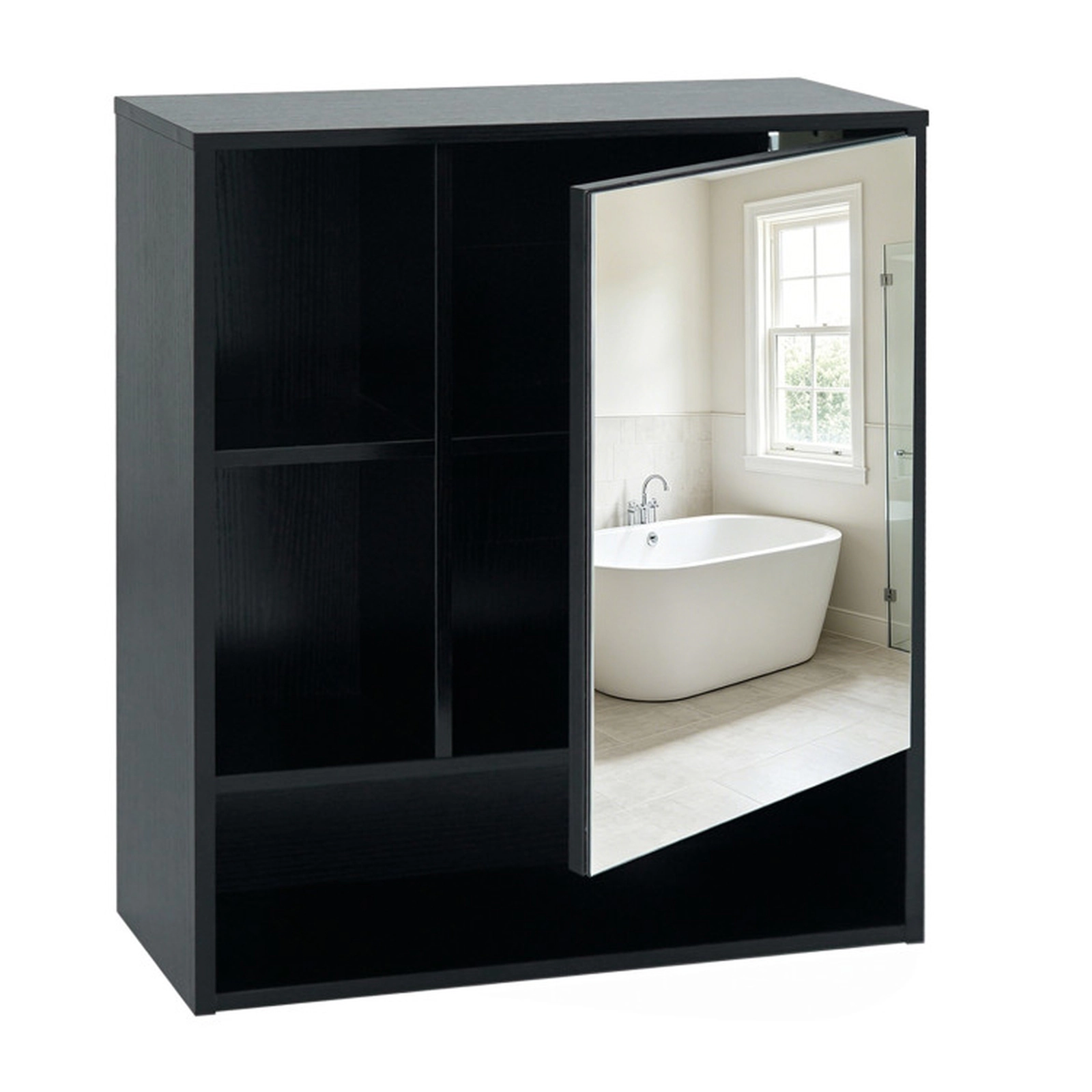 SUGIFT Black 22-lb Countertop Wall-Mounted Bathroom Mirror Cabinet with 2 Hidden Shelves and 3 Open Compartments