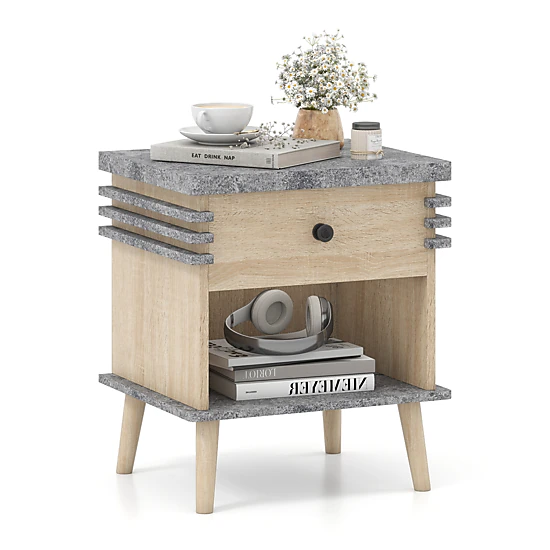 Glintex 3-Tier Nightstand with Antique Grey Faux Marble Top and Rubber Wood Legs, Gray
