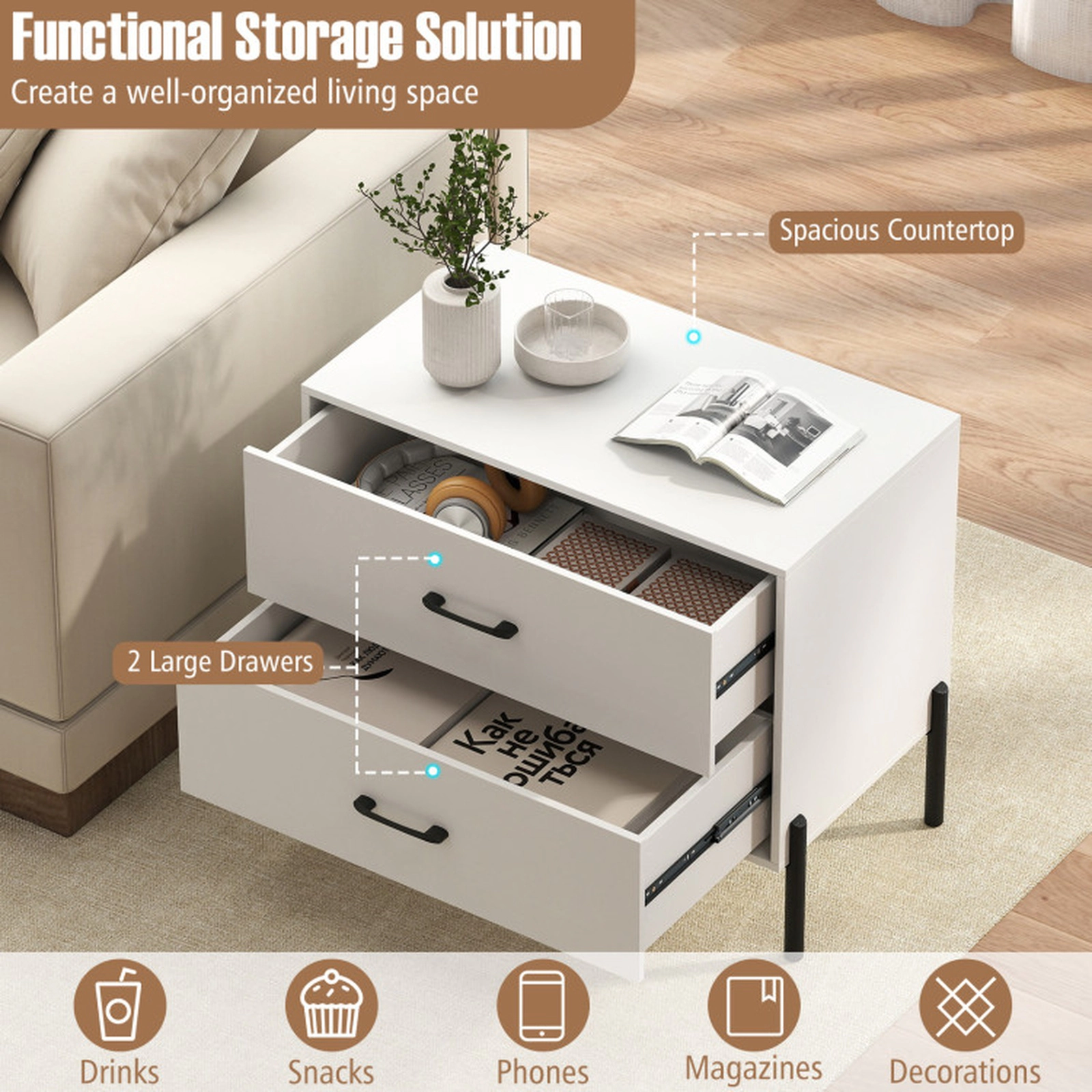 SUGIFT Modern Wooden 2-Drawer Nightstand with Metal Legs & Handles 66-lb Countertop Capacity 44-lb Drawer Capacity White