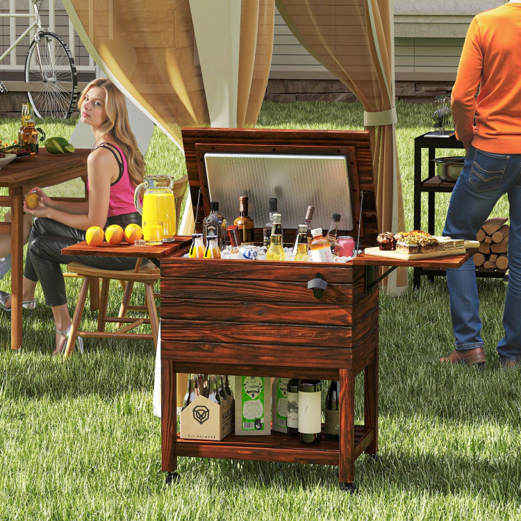 SUGIFT 54-qt Rustic Brown Wooden Rolling Cooler Cart Ice Chest with Bottle Opener and Lockable Wheels