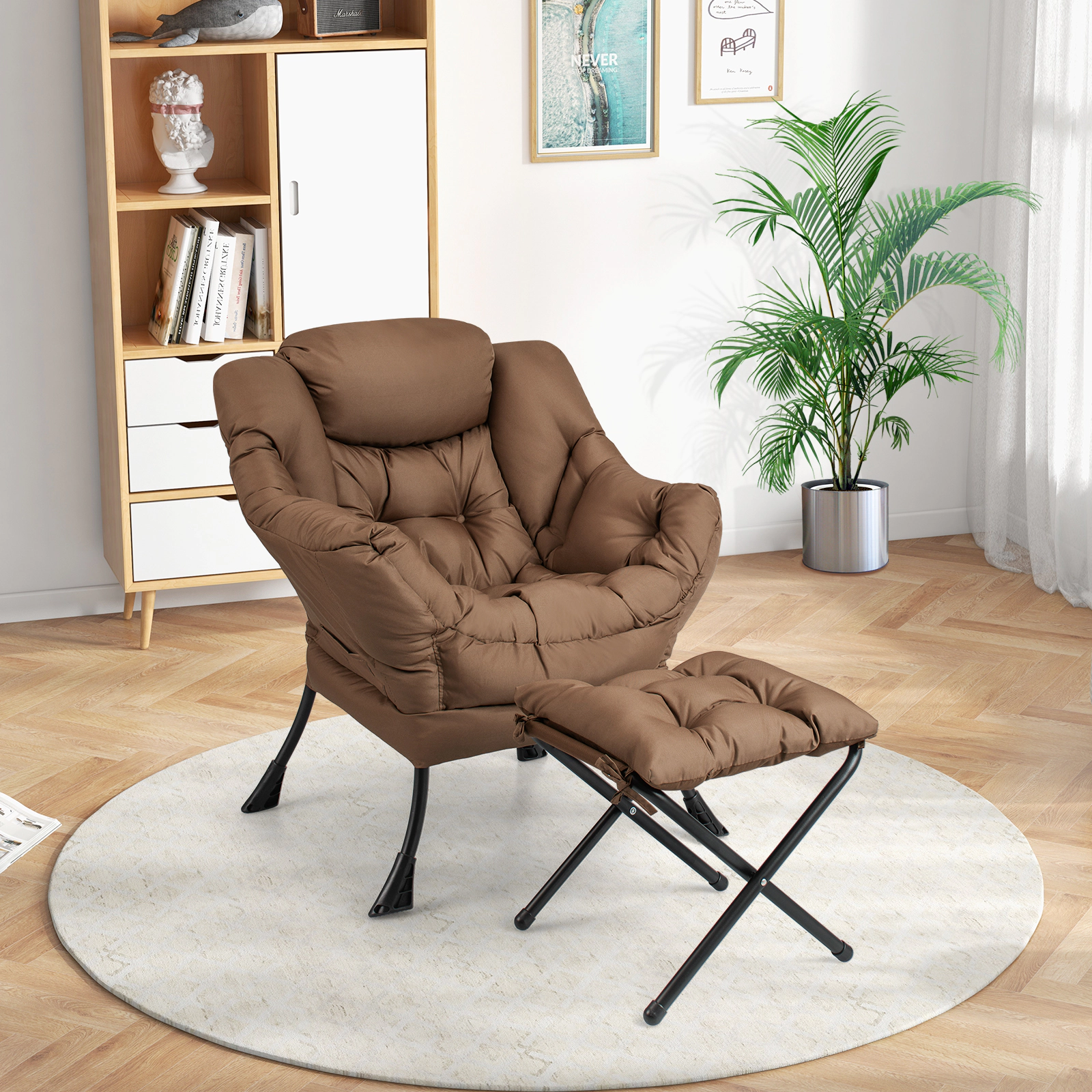 Hivvago Contemporary Lounge Chair with Foldable Footrest and Side Storage Pocket
