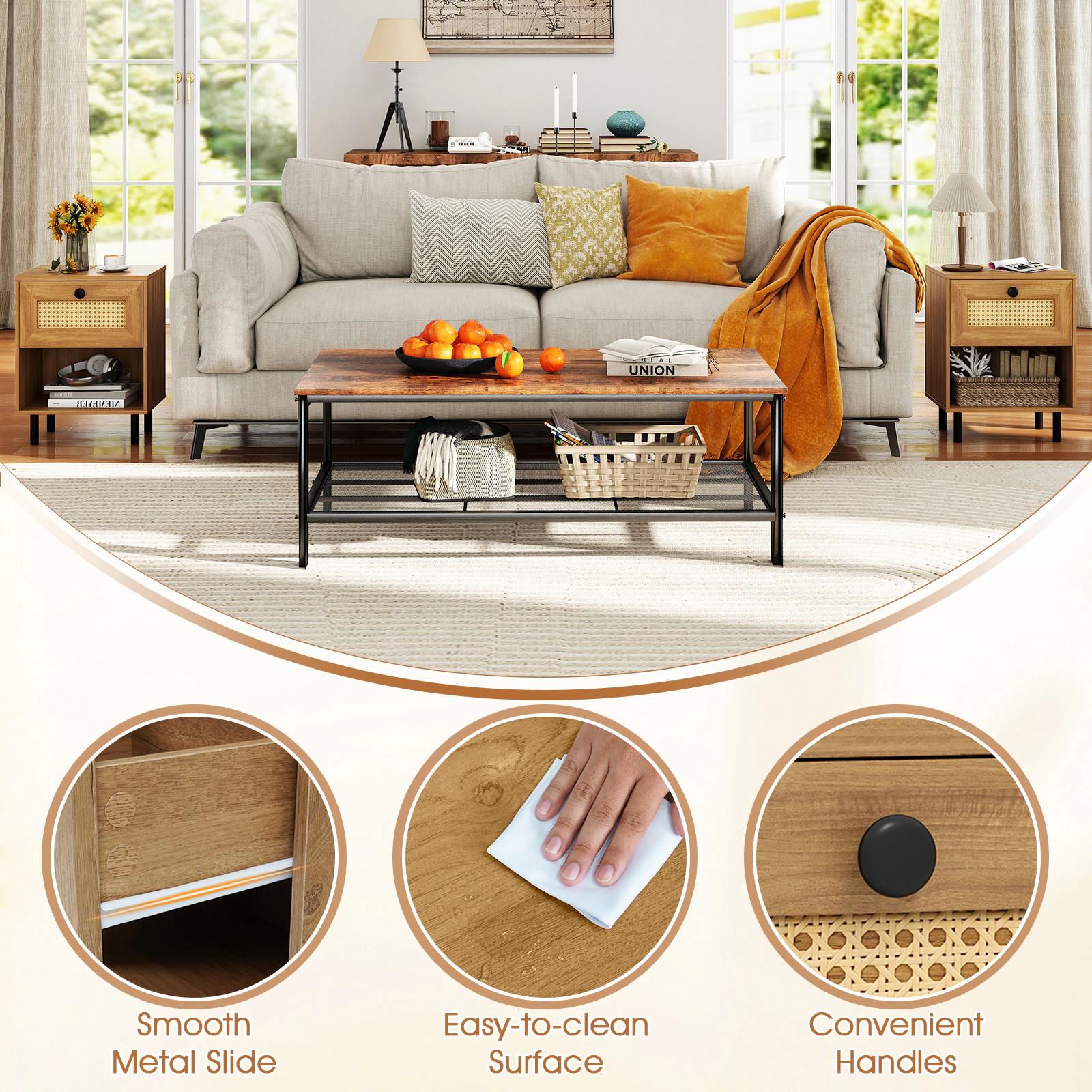 Glintex 2-Piece Boho Rattan Nightstand Set with Wooden Sprayed Handles and Metal Legs