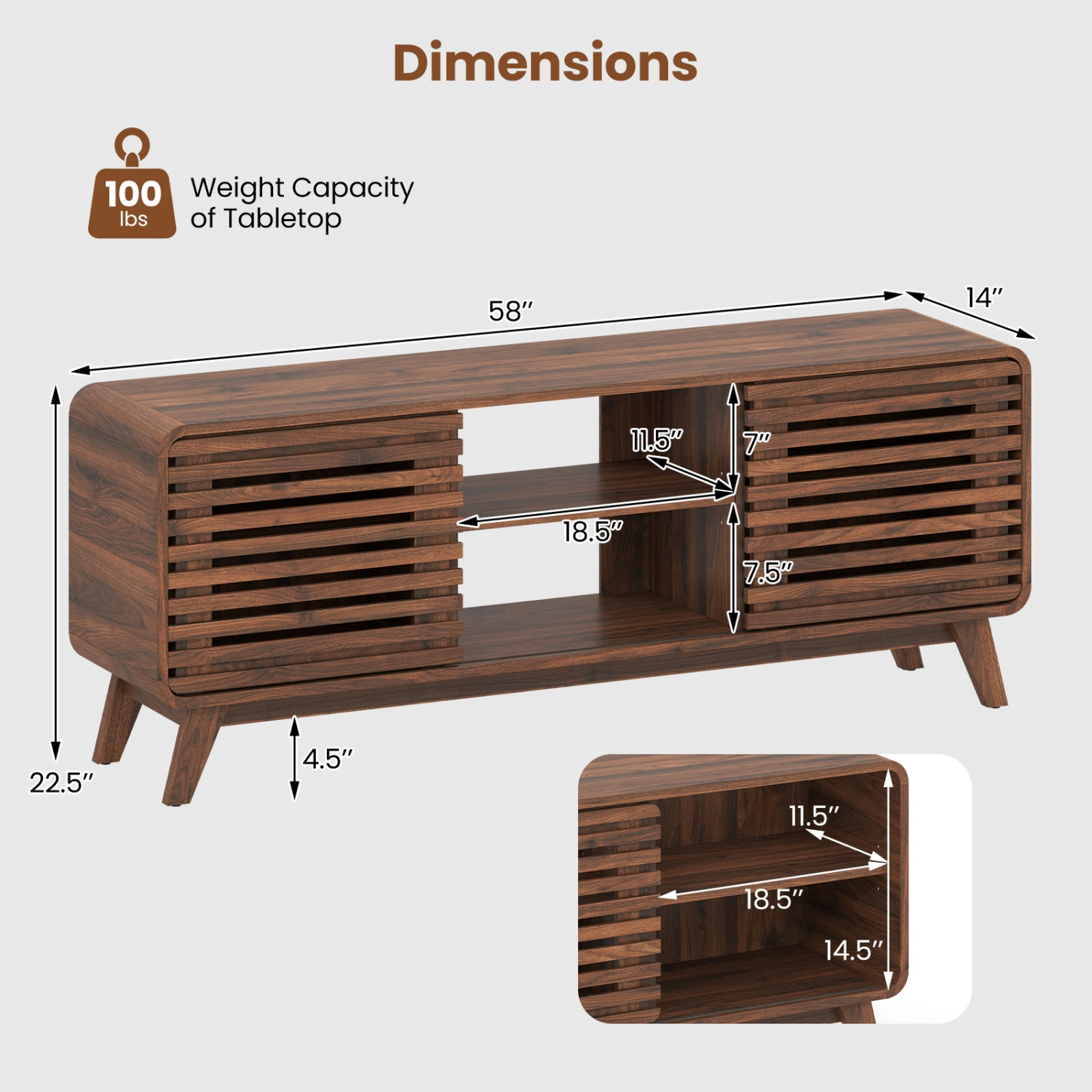 SUGIFT Mid Century Modern Entertainment Center TV Stand Grille-Style Sliding Doors 100-lb Tabletop 3 Adjustable Shelves