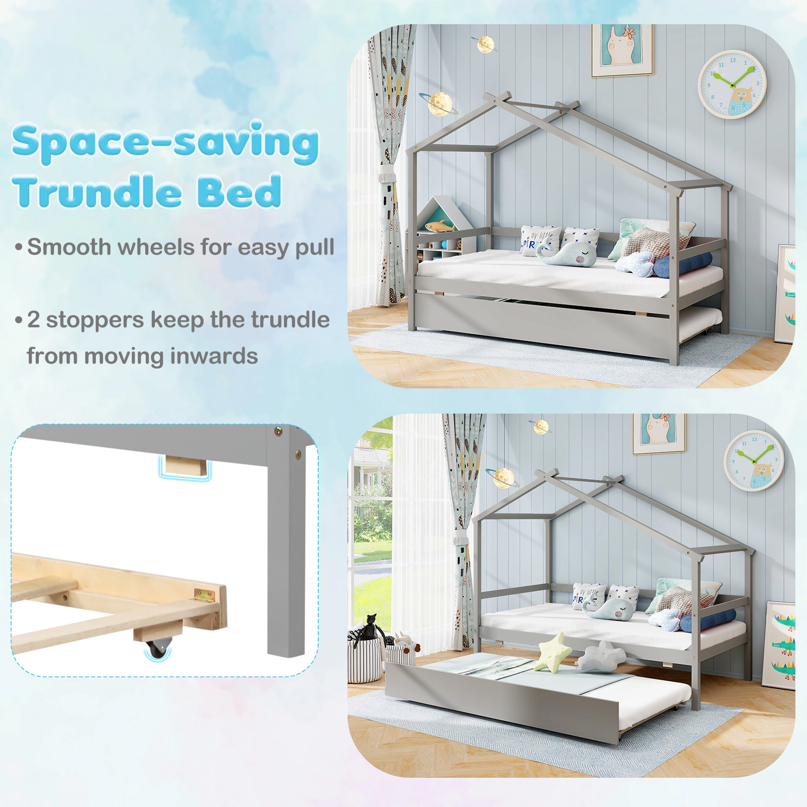 SUGIFT Kids Twin Size House Bed with Trundle and Roof 200-lb Capacity Gray
