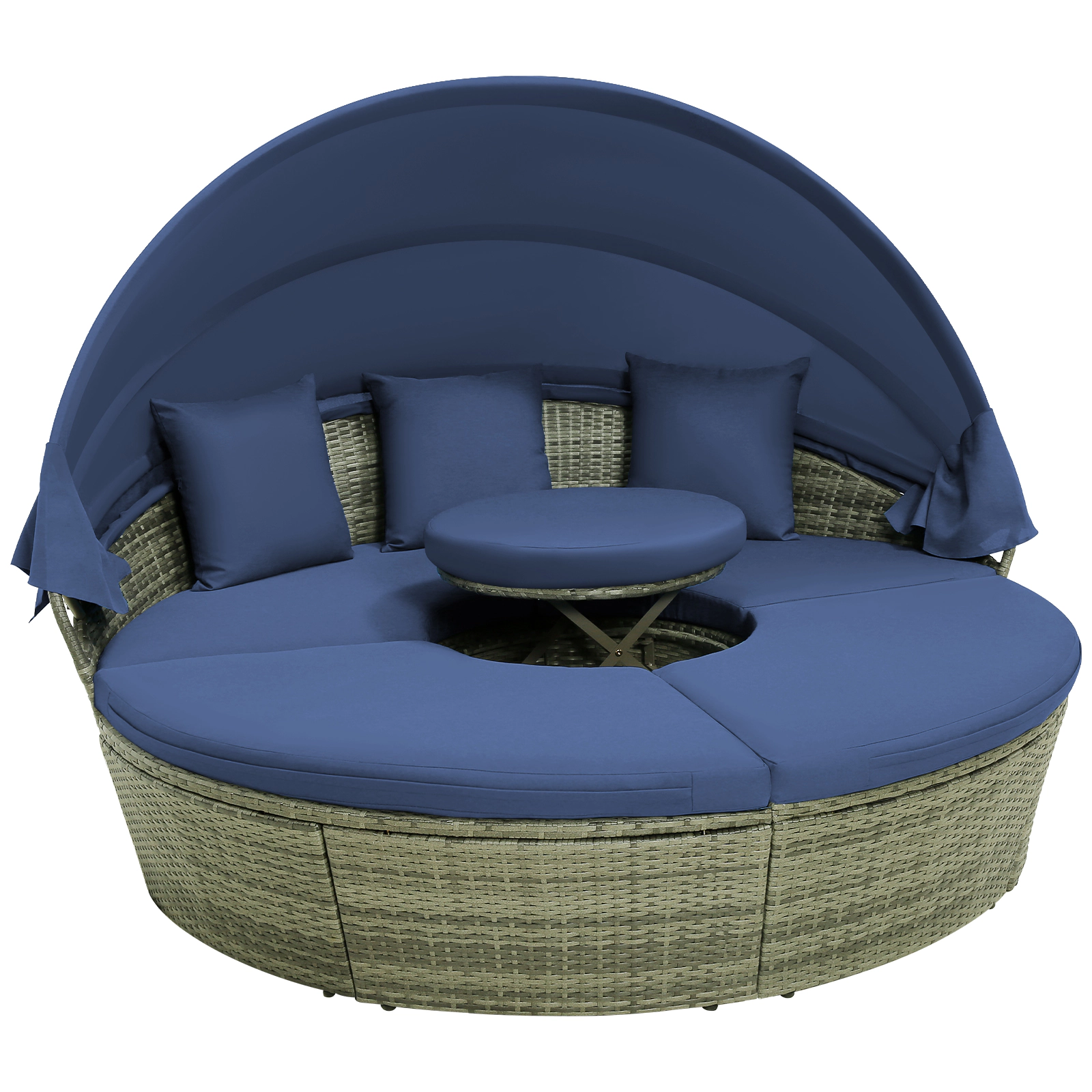 LJG Outdoor PE Wicker Round Daybed with Retractable Canopy and Cushions