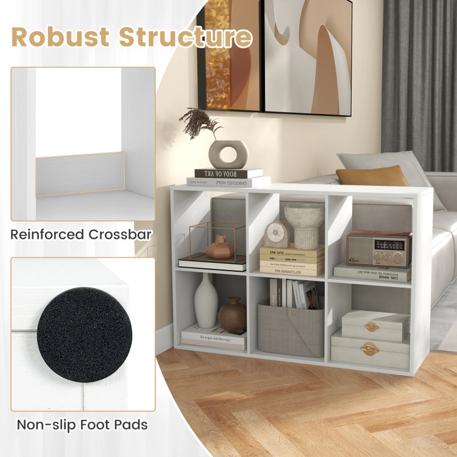 SUGIFT White 6-Cube Bookshelf with Back Guardrail and 154-lb Tabletop