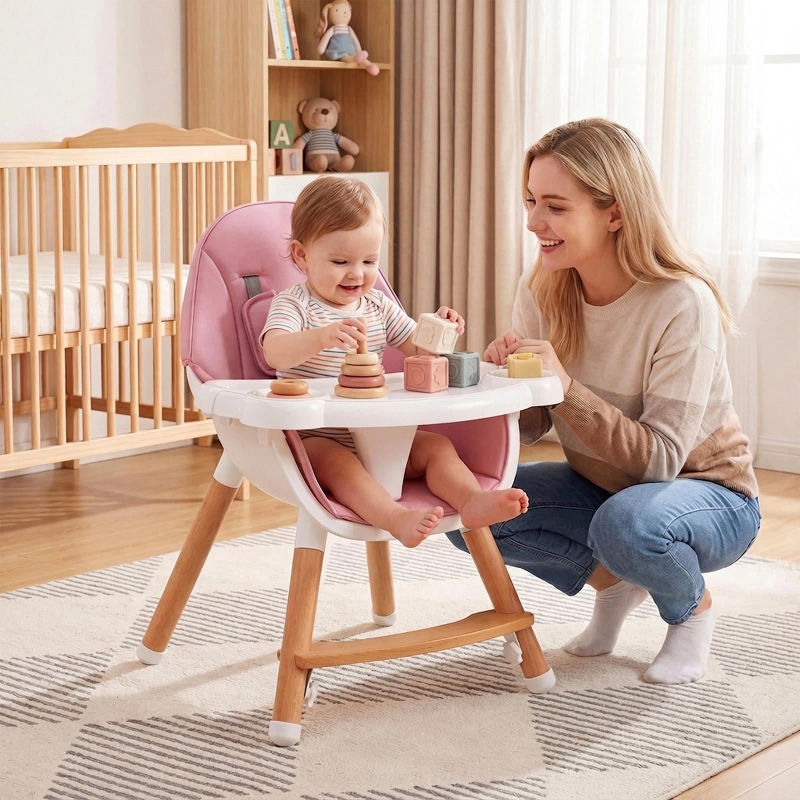 Baby High Chair 4-Level Dual Tray 2 Cup Holders Waterproof Cushion Solid Beech X-Frame for 6 Months to 3 Years