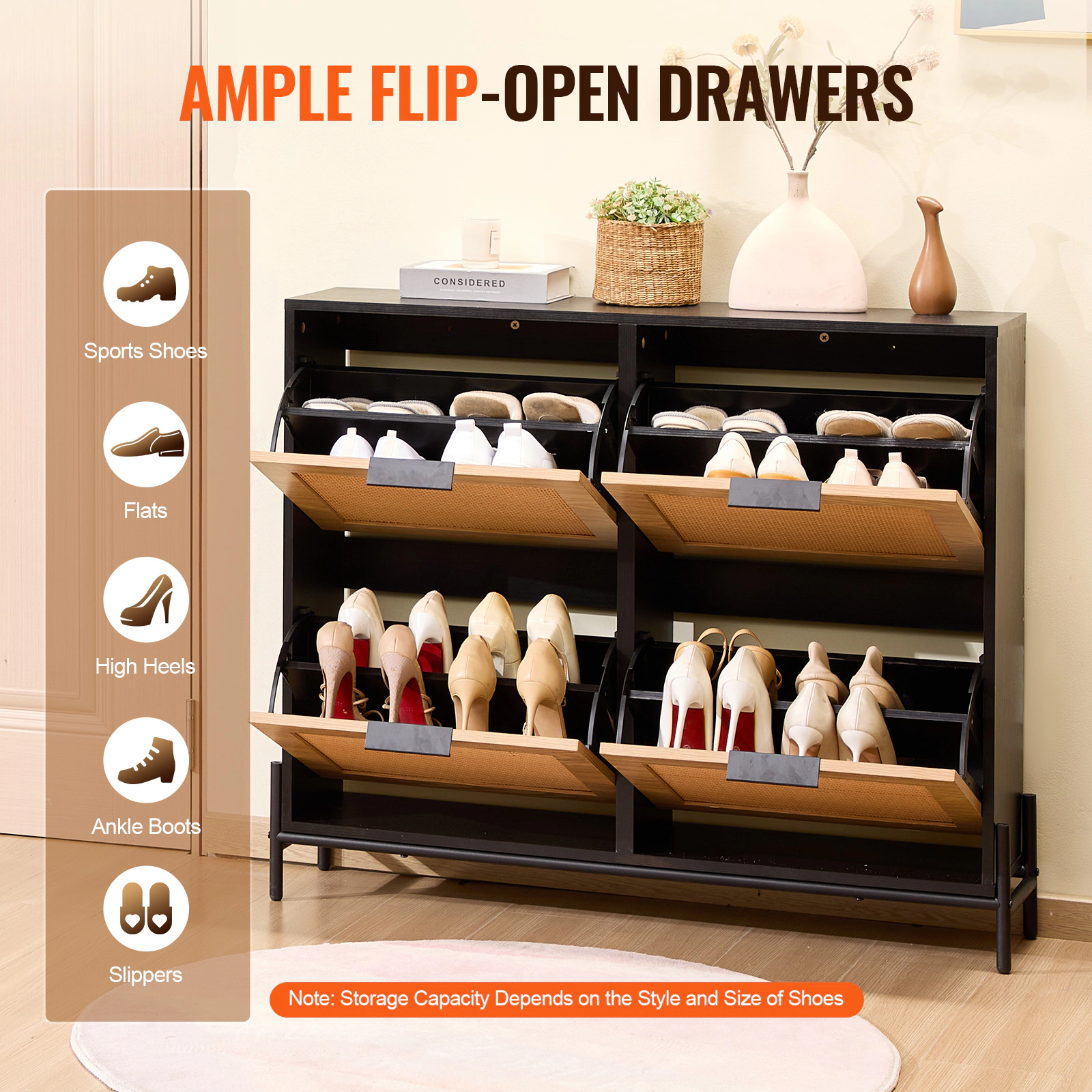 HONGGE Narrow Rattan Shoe Cabinet with Flip Drawers, Slim Entryway Storage Organizer with Metal Legs for Closet Hallway