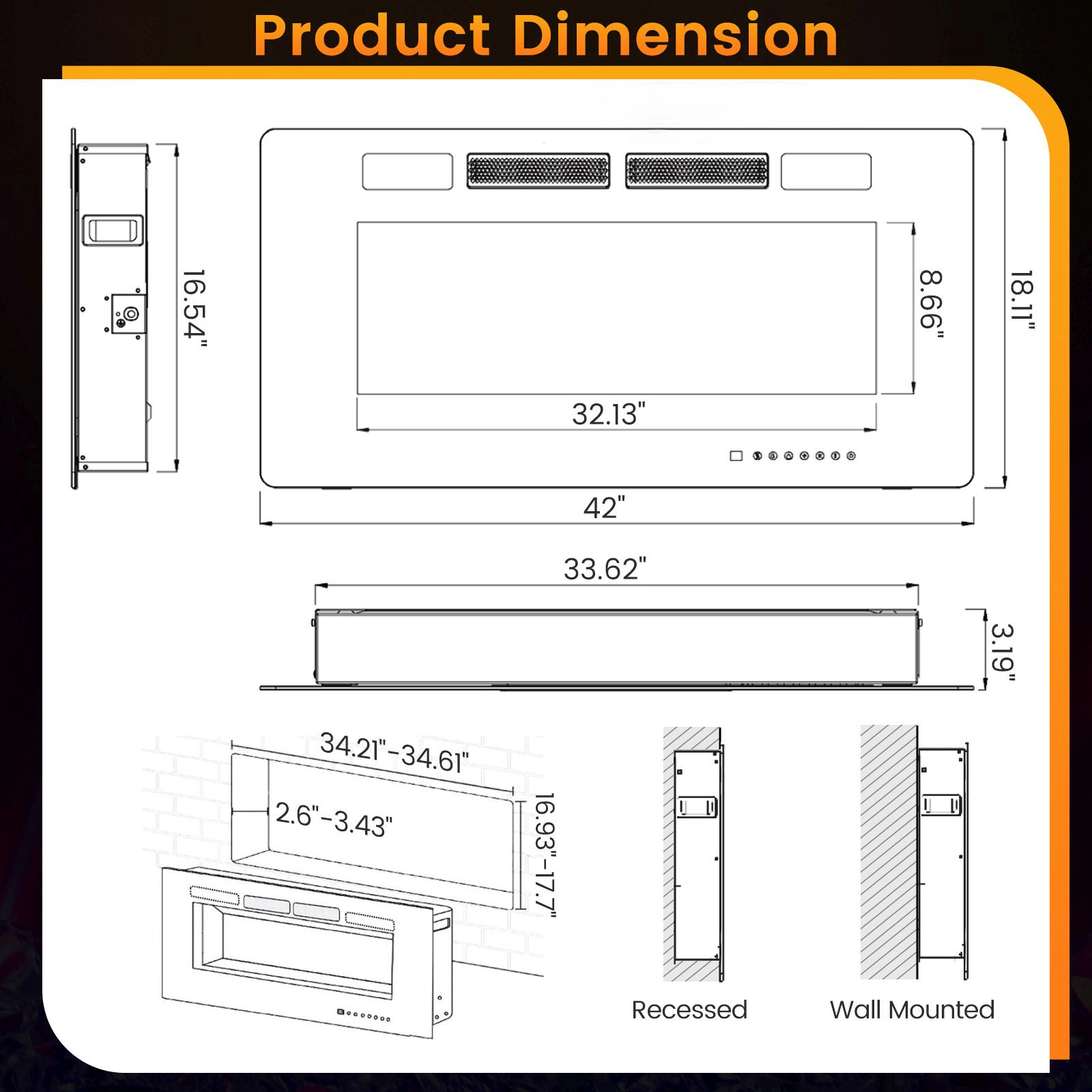 SlickBlue Electric Fireplace Heater, 42/50/60 Inch Recessed Wall Mount, 5100 BTU, Alexa Voice & App
