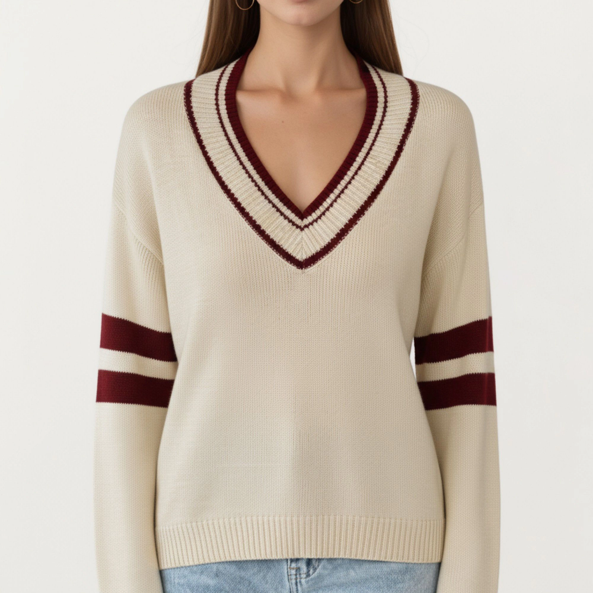 Anna-Kaci Women's Long Sleeve V-Neck Knit Sweater with Contrast Stripe Trim and Ribbed Hem