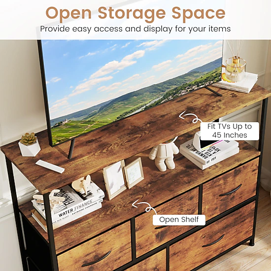 Glintex 39.5-Inch TV Stand Dresser with 5 Fabric Drawers and Open Shelf, Rustic Brown
