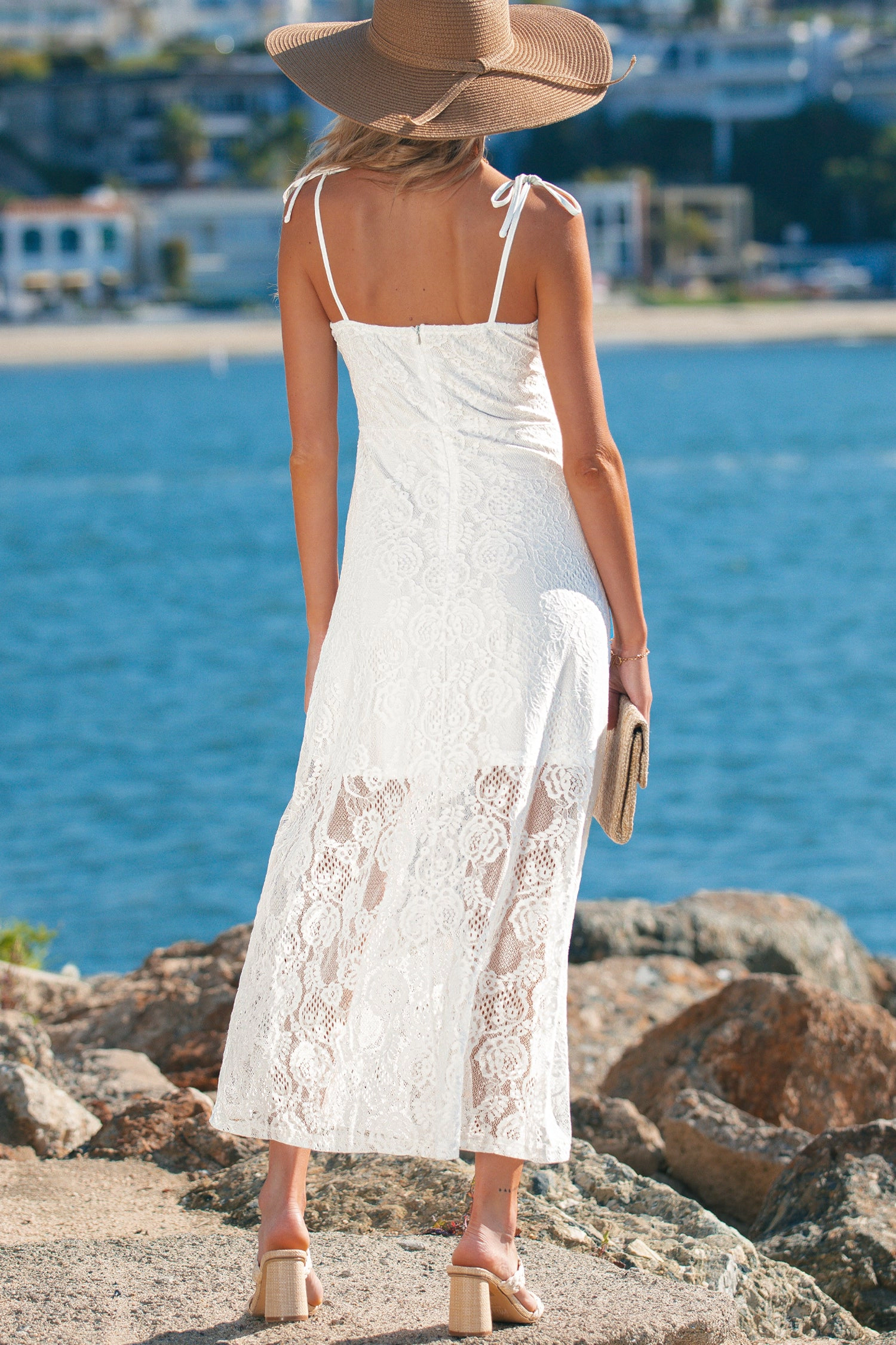 Threaded Pear Womens Maxine Lace Overlay Long Dress