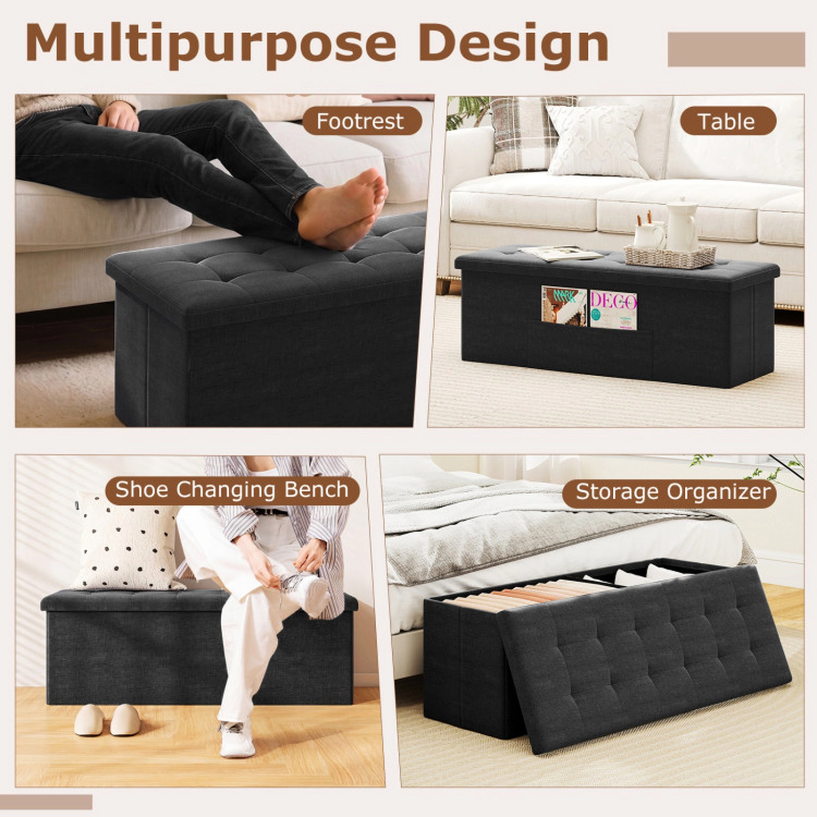 SUGIFT Folding Storage Ottoman Bench with Padded Seat 660-lb Capacity Dark Gray/Light Gray/Blue/Black/Brown