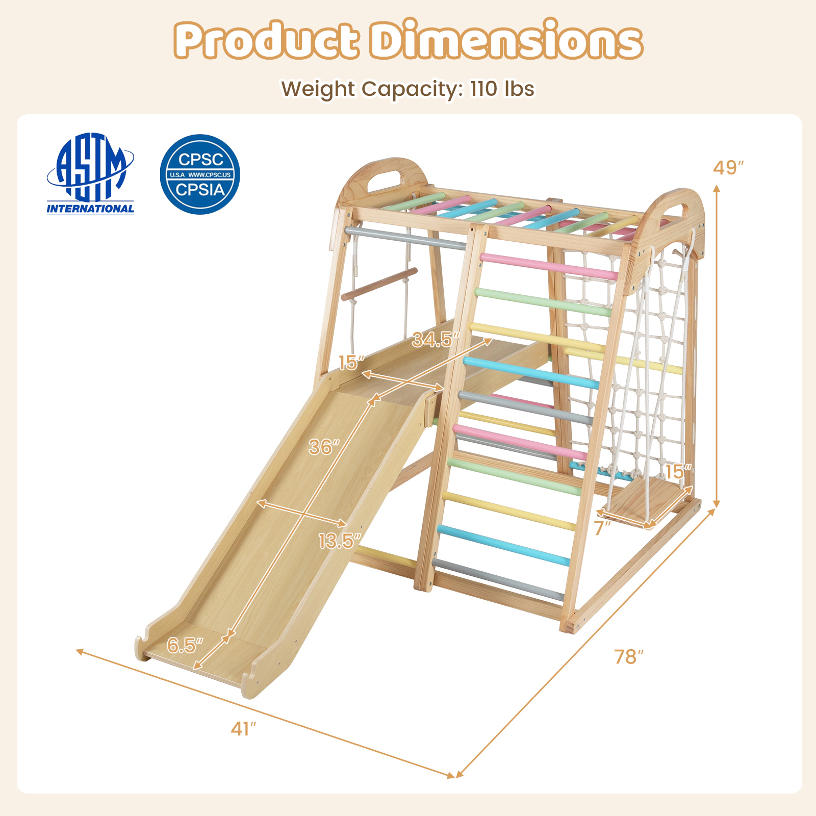 8-in-1 Multicolor Wooden Jungle Gym Kids Climber Height-Adjustable Ramp Rope Swing Monkey Bars 110-lb Ages 3-5