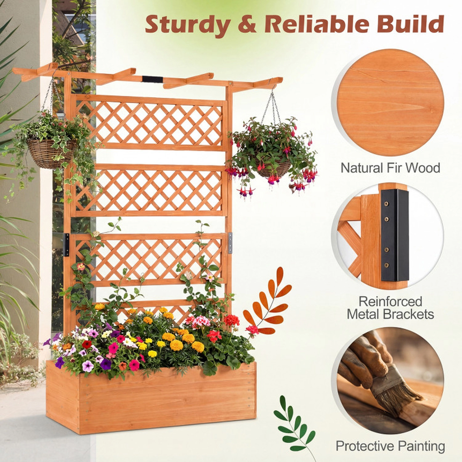 SUGIFT Orange Wood Planter Box with Lattice Trellis and Flat Roof 38-in W 20.5-in D 11-in H 130-lb Box Capacity
