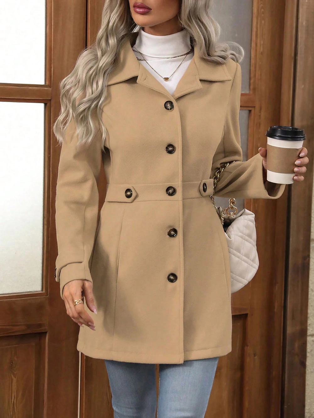 KOJOOIN Women Lapel Wool Blend Coat Mid‑Length Outercoat Long Sleeve Jacket for Fall Winter Dressy Wear