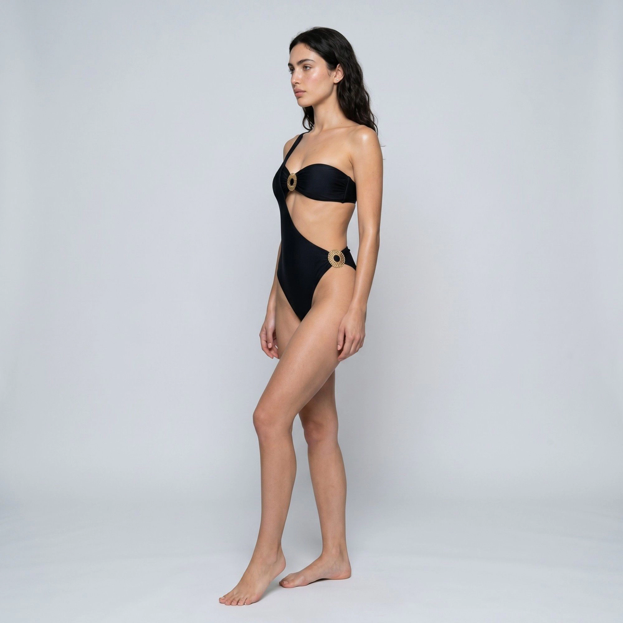Anna-Kaci Women's One Shoulder Cutout One-Piece Swimsuit with Ruched Bandeau Bust Metal Ring Detail and High-Cut Leg