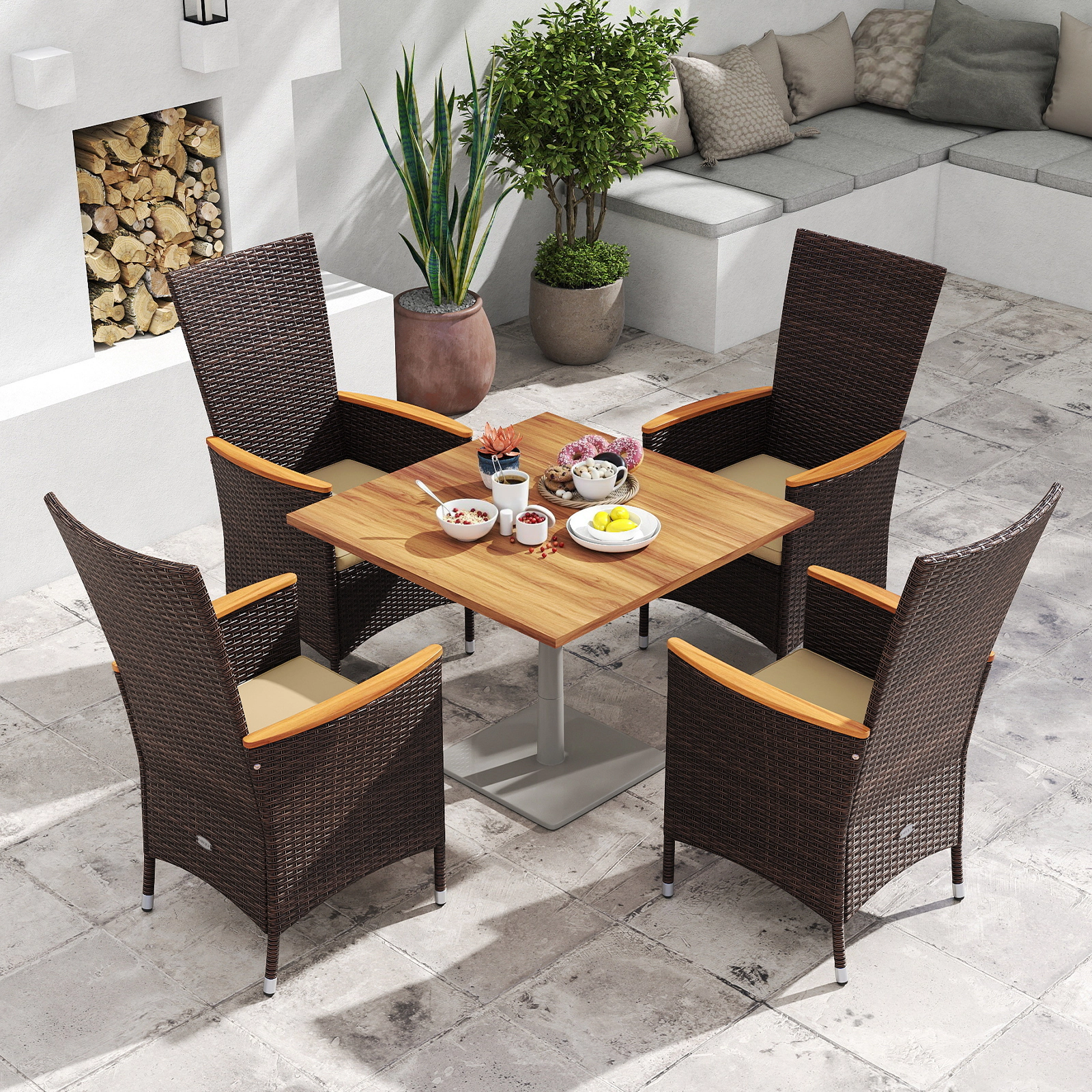 LJG Patio Rattan Chairs Set of Outdoor Wicker Dining Chairs with High Backrest