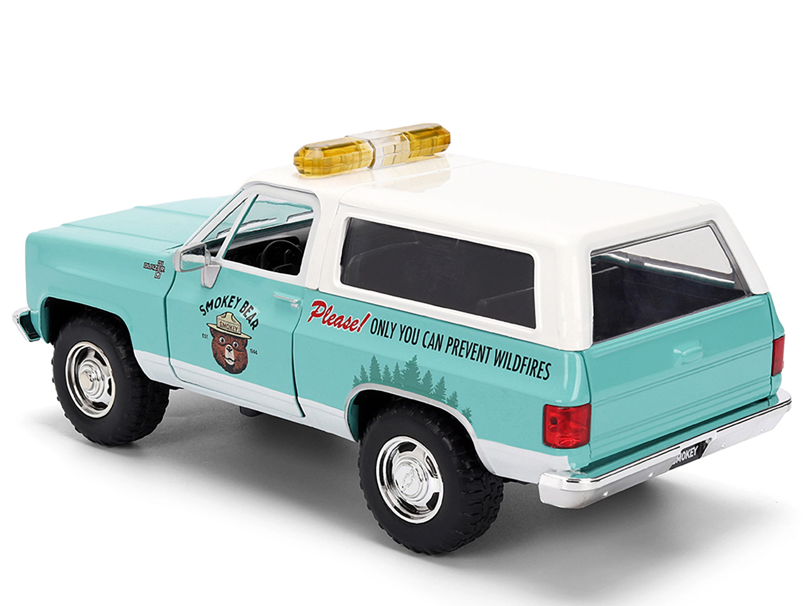 Jada 1980 Chevrolet Blazer Light Green with White Top and Graphics and Smokey Bear Diecast Figure "Smokey