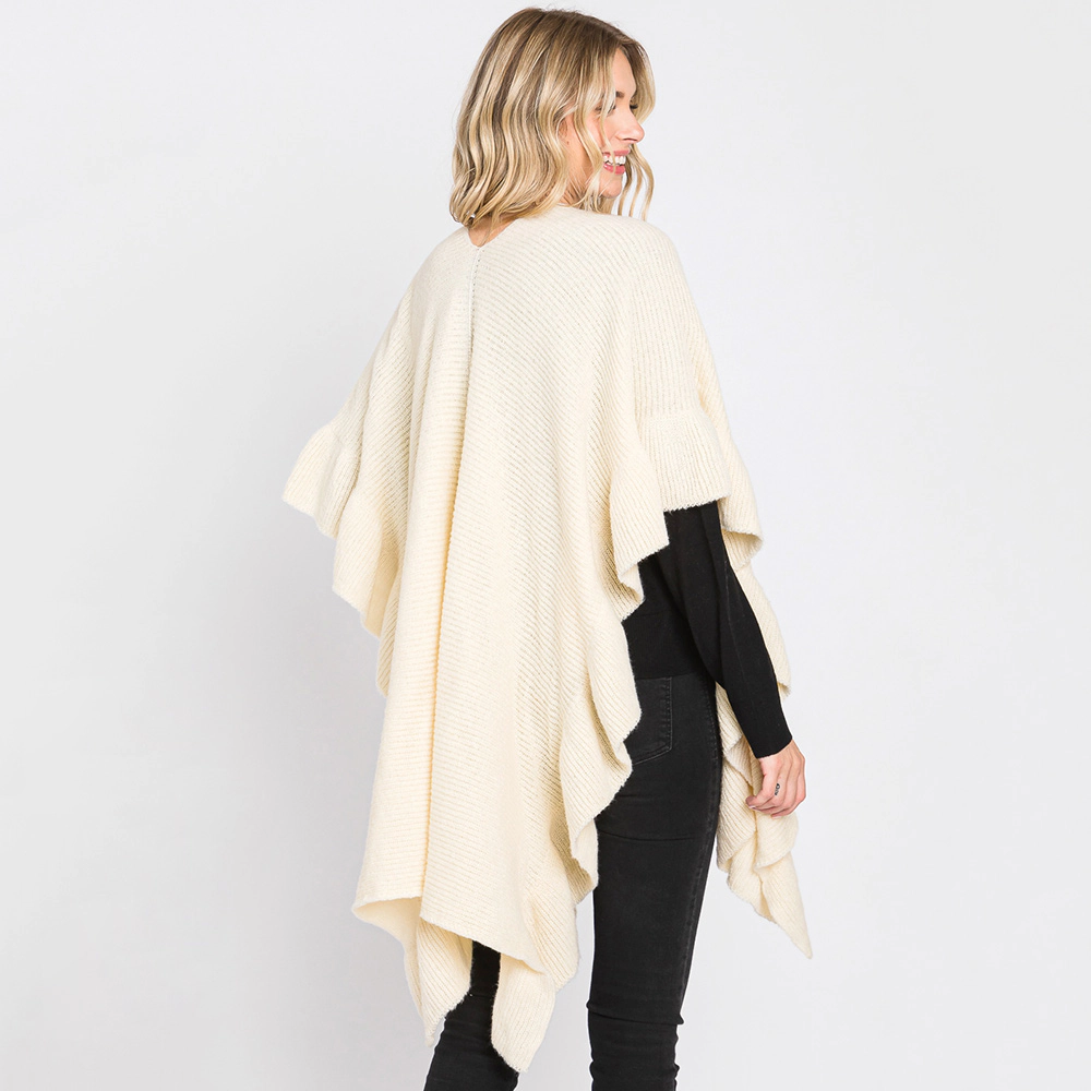 TRUEDAMES Women Solid Ruffle Knit Ruana Poncho