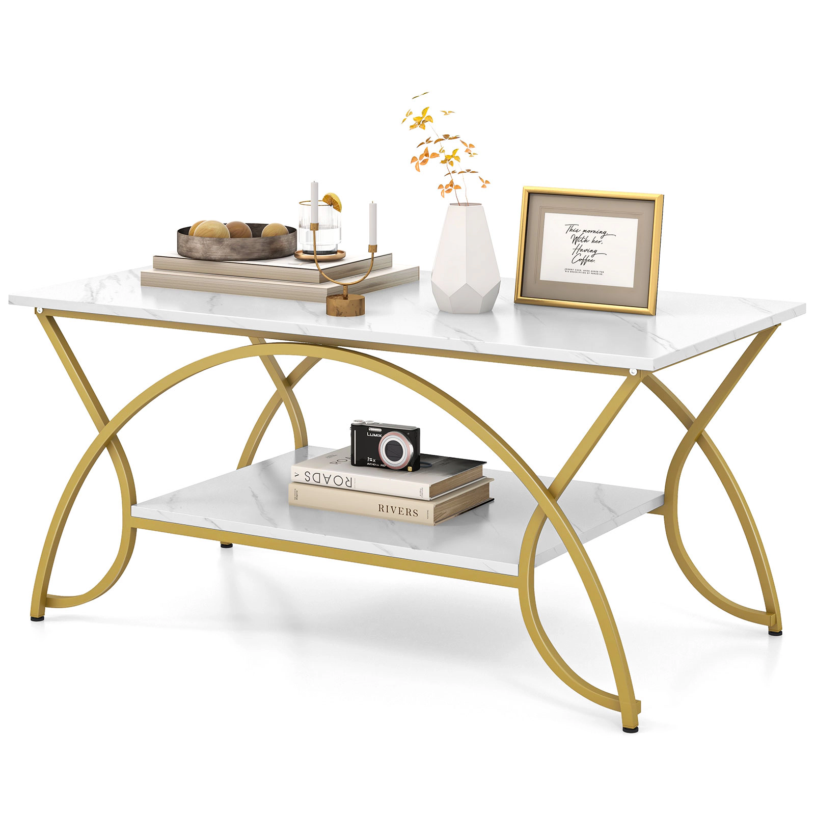 SUGIFT 2-Tier Rectangular Coffee Table with 39.5-in Top 110-lb Tabletop Capacity Golden White Marble Pattern Top