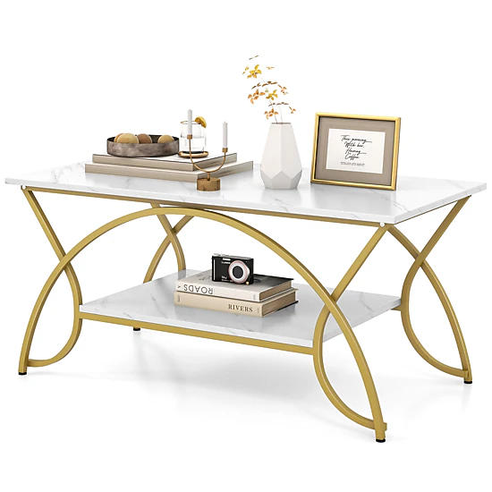 Glintex 2-Tier 39.5-Inch Faux Marble Coffee Table with Arched Metal Frame