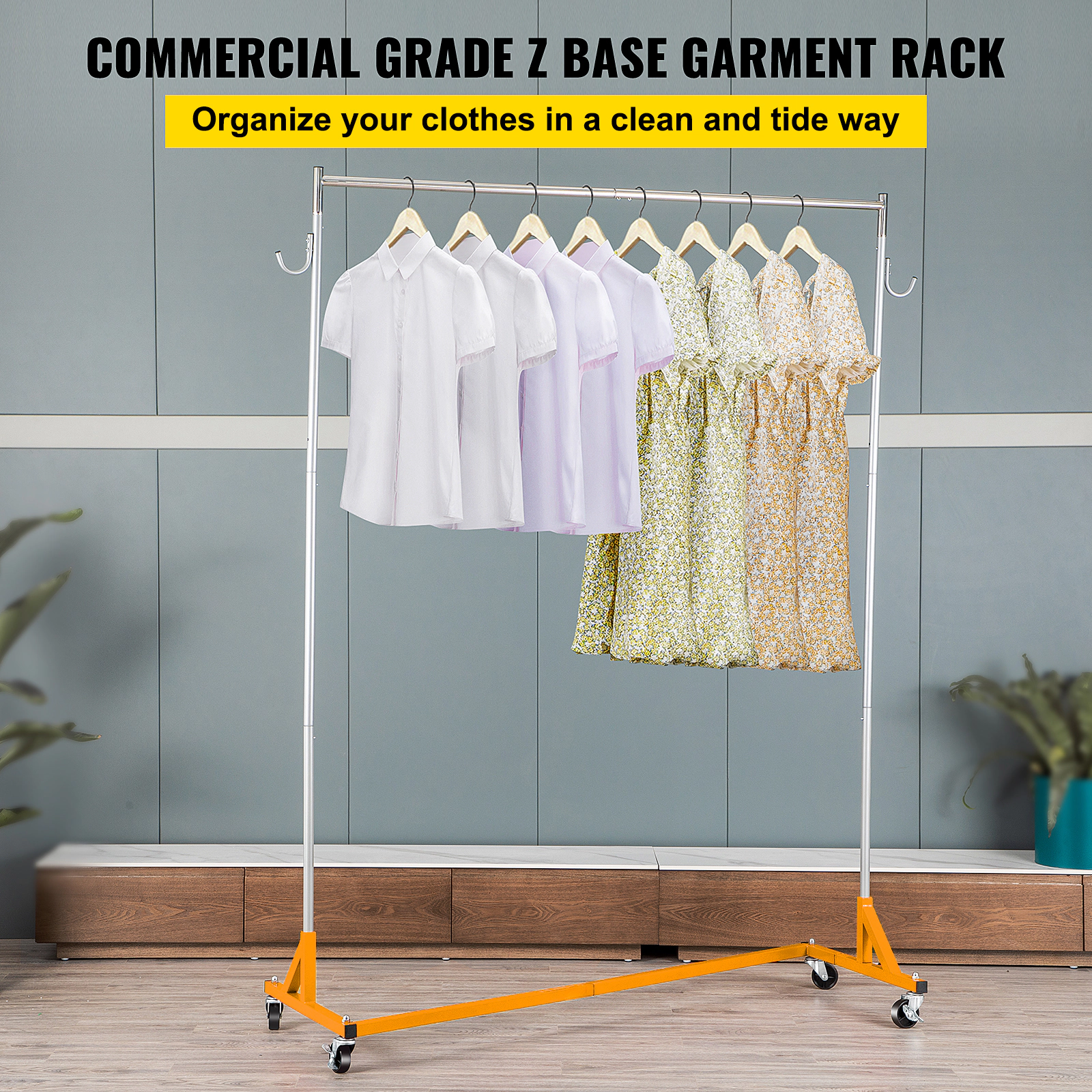 HONGGE Industrial Grade Z Base Garment Rack with Lockable Casters for Home Clothing Store Display