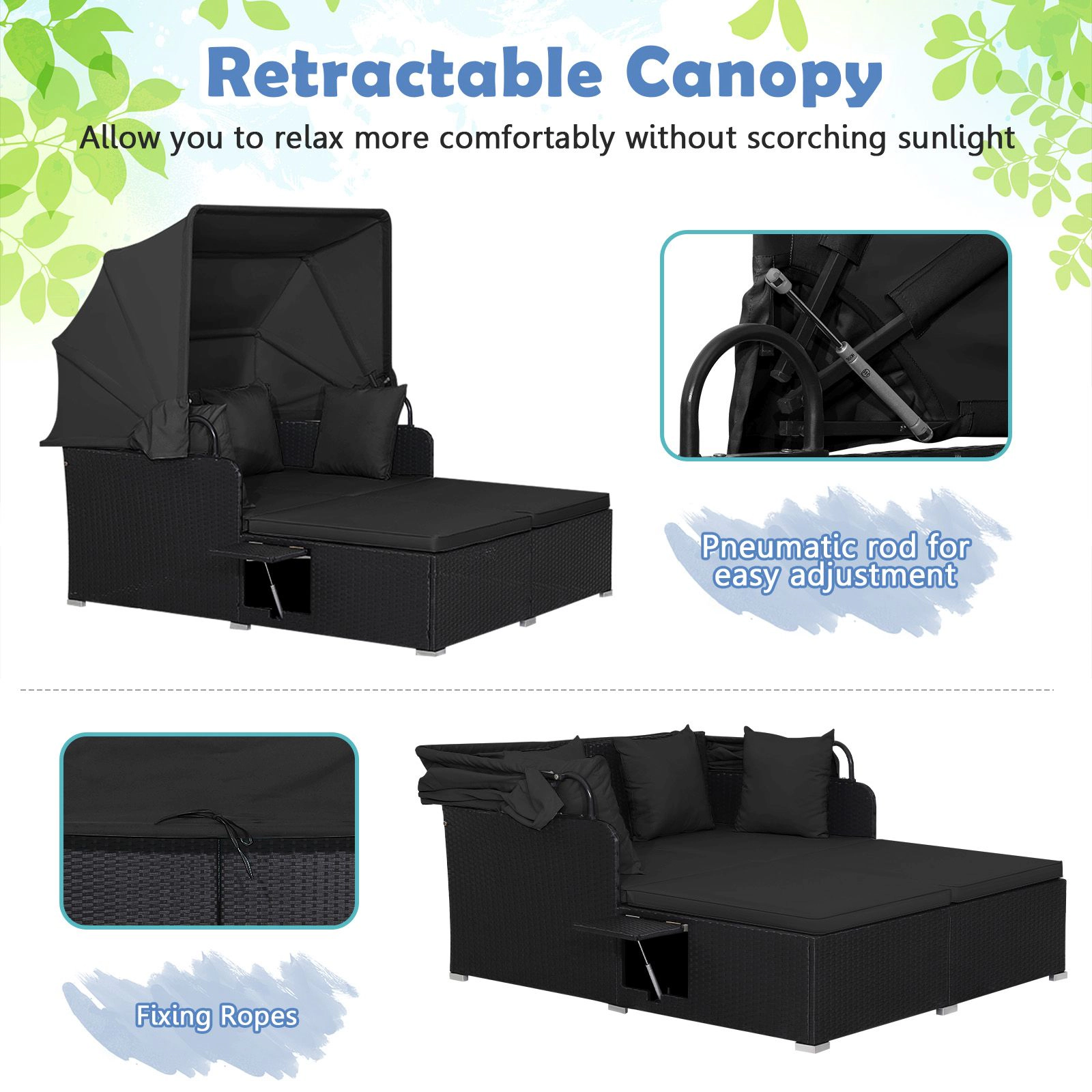 SlickBlue Outdoor Wicker Daybed with Retractable Canopy and Side Trays