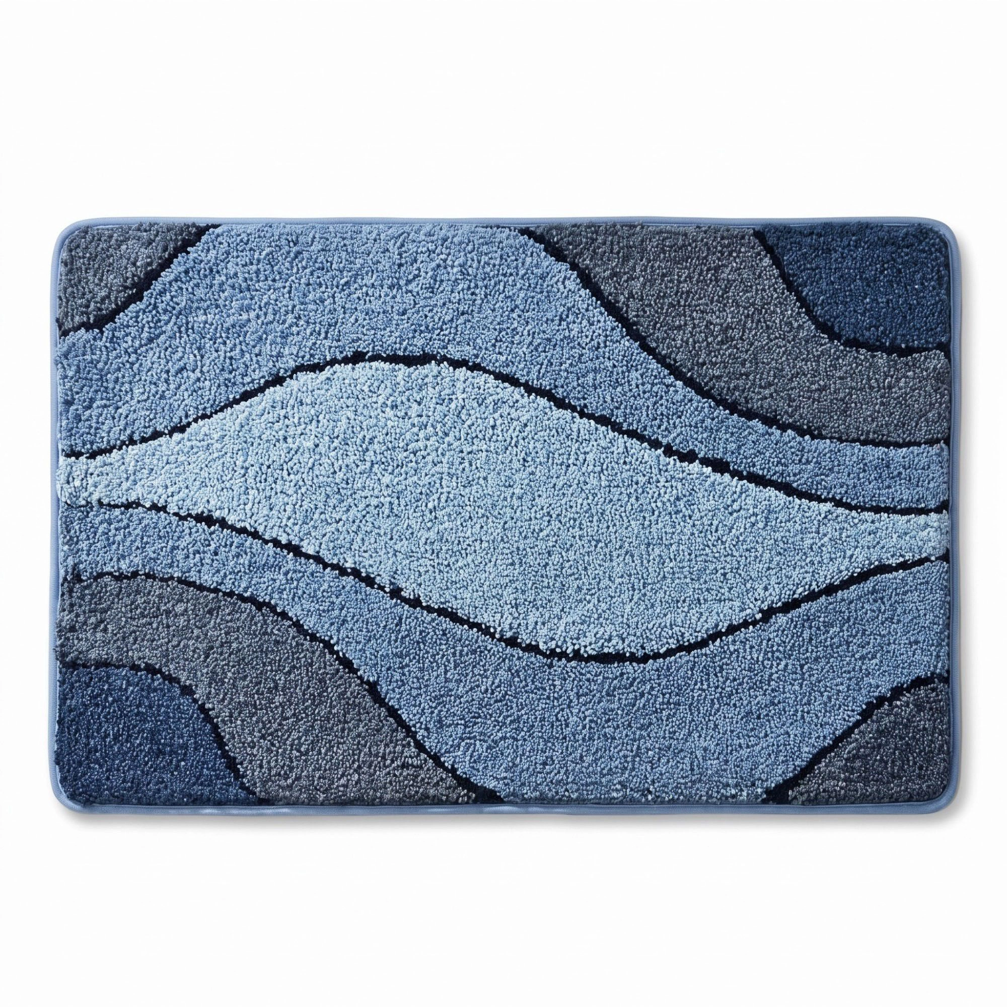 Alilang Unisex Abstract Blue Wave Plush Bathroom Mat with Layered Curved Line Design