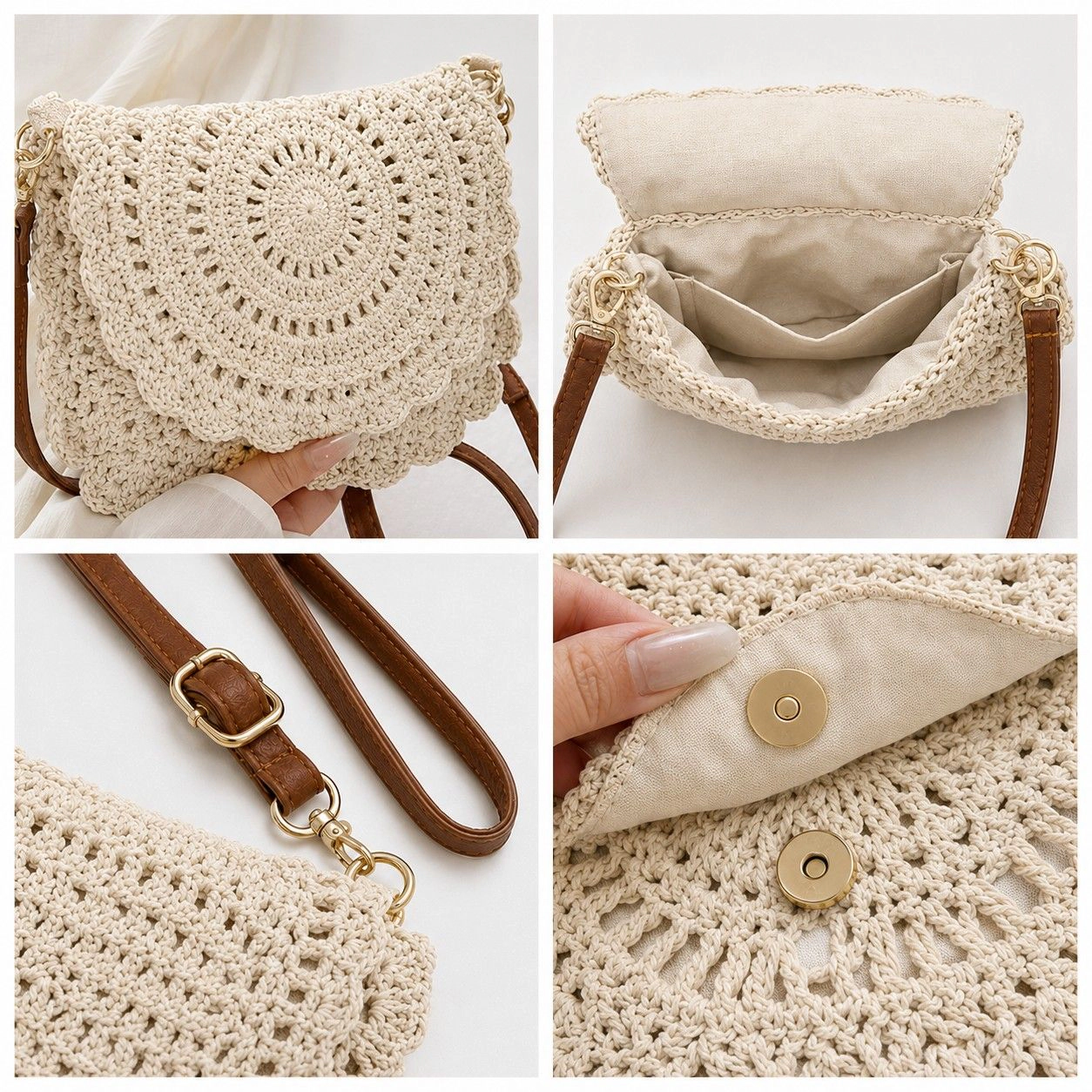 Alilang Women's Crochet Crossbody Bag with Scalloped Flap Magnetic Closure and Shoulder Strap, Khaki