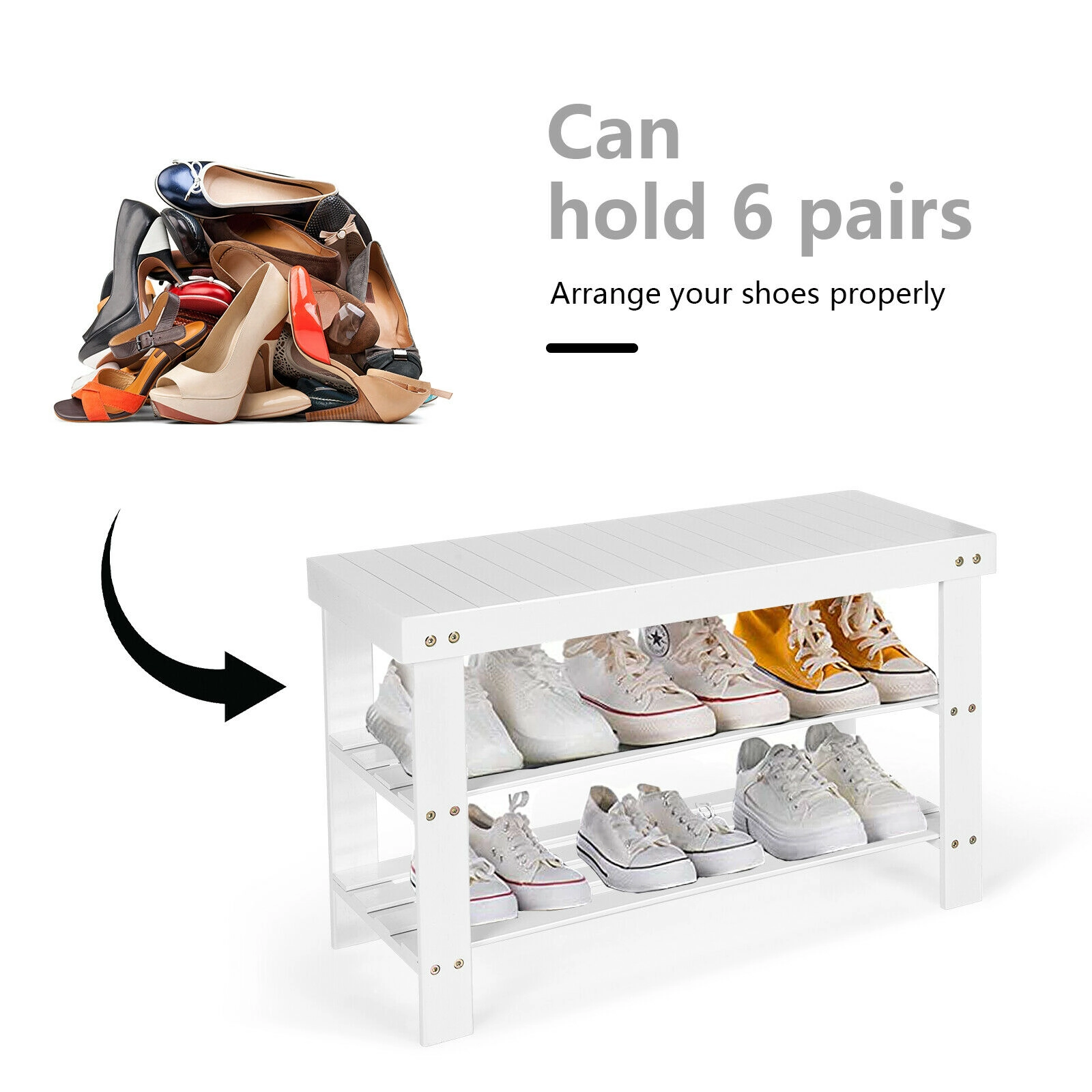 SUGIFT 3-Tier Bamboo Shoe Bench with Storage Shelves 27.5-in Wide 220-lb Capacity Holds Up to 6 Pairs White