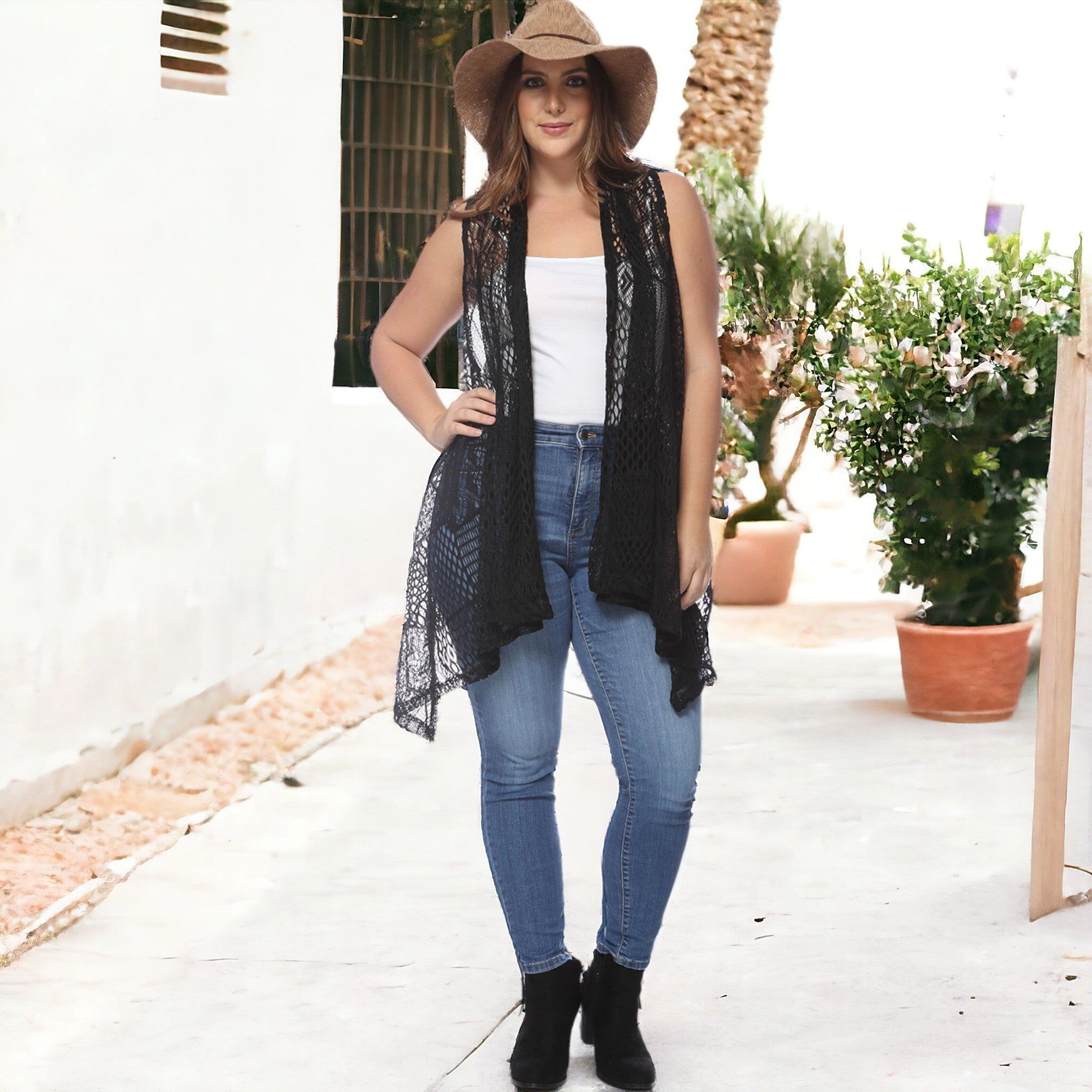 Anna-Kaci Women's Plus Boho Open Front Crochet Cover Up Sleeveless Shawl Cardigan Vest