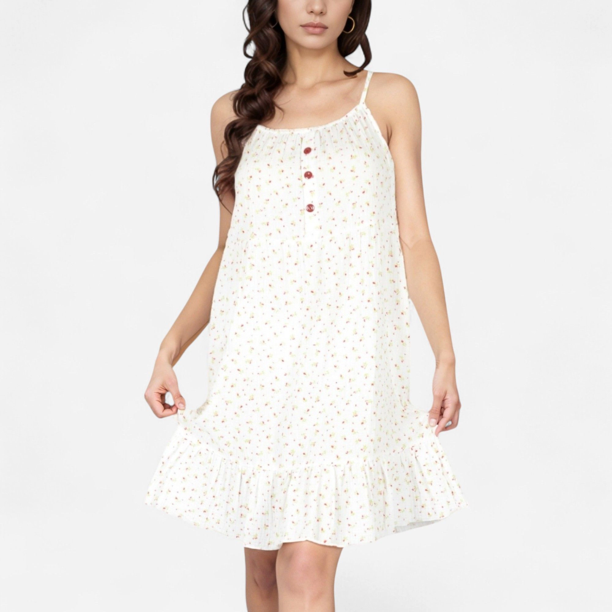 Anna-Kaci Women's Sleeveless Mini Floral Button Front Detail Ruffle Hem Sleepdress