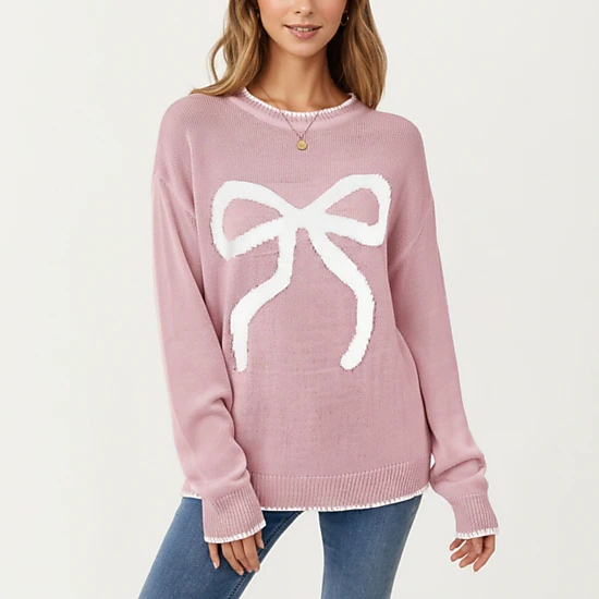 Anna-Kaci Women's Crew Neck Knit Sweater with Large Bow Graphic Design