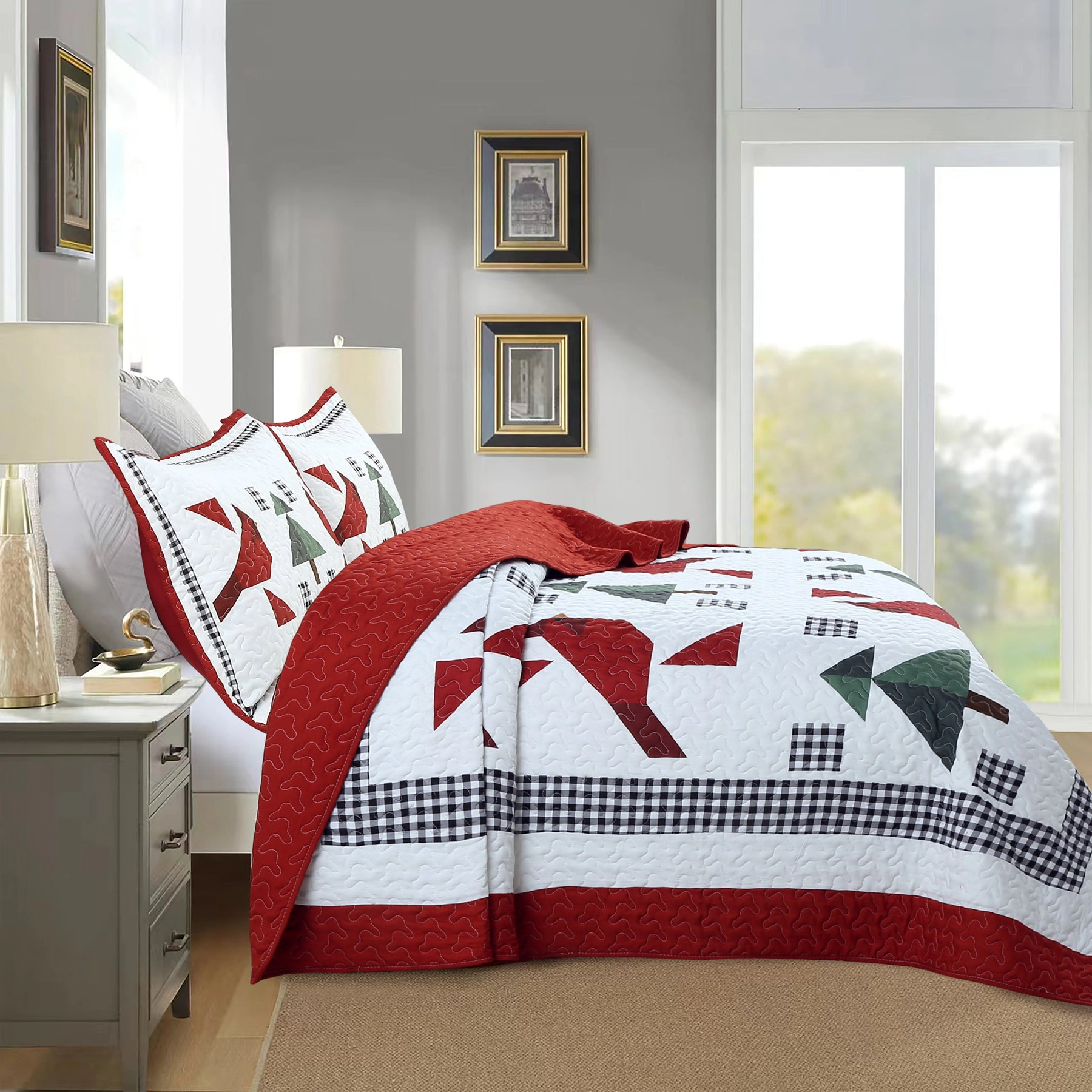 MarCielo 3 Piece Christmas Cardinal Quilt Set – Winter Holiday Bedspread Set