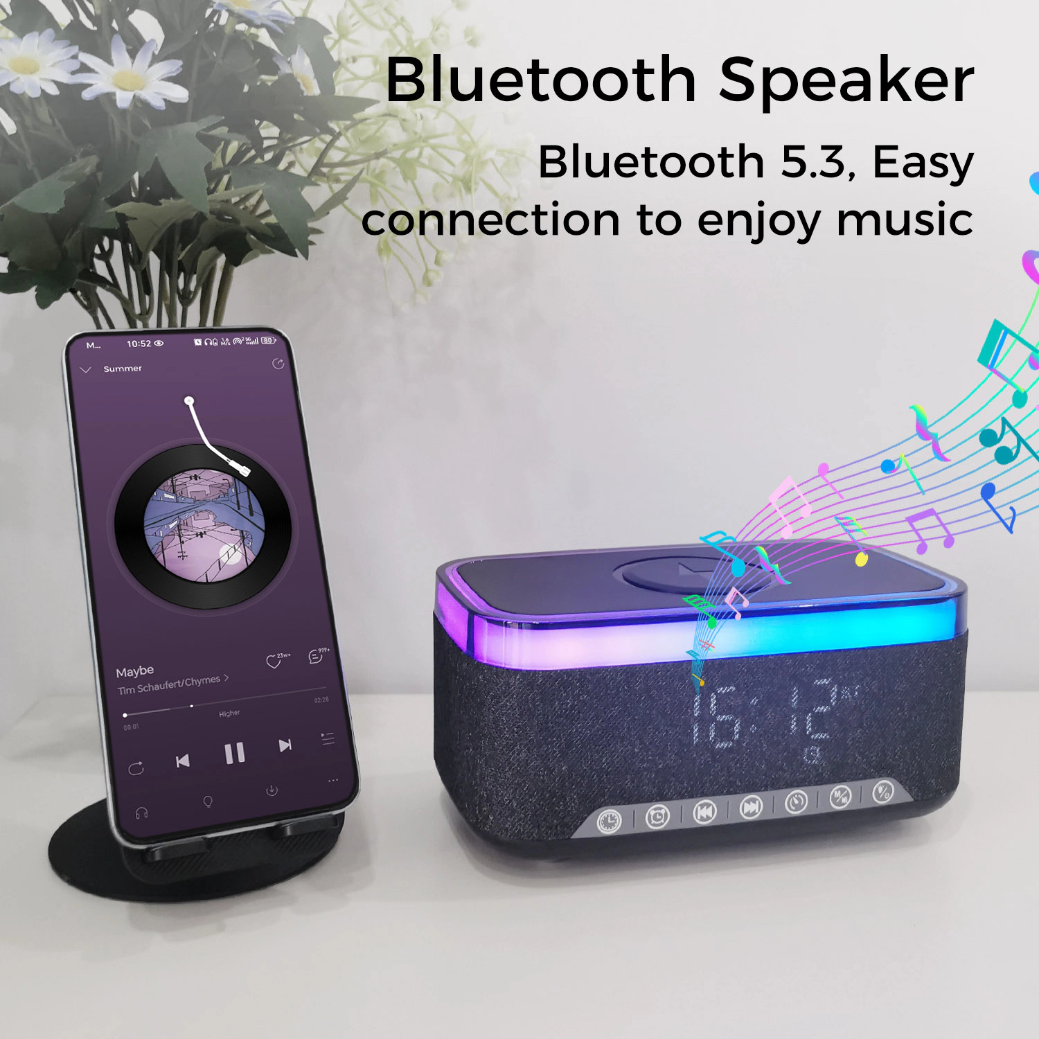 Alpha Digital Stereo, 10W, Alarm Clock, Wireless Charging, Light - Bluetooth Speaker