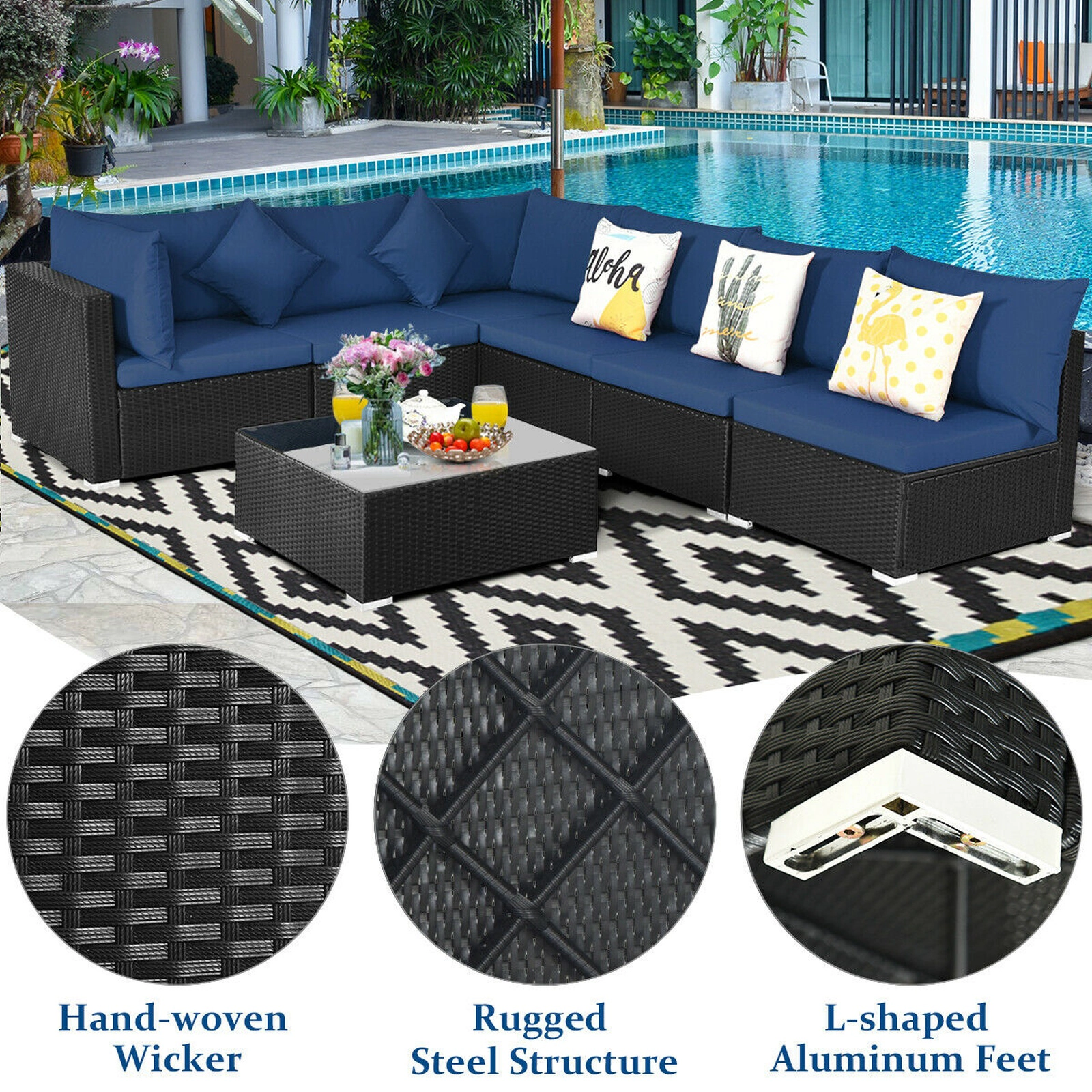 SUGIFT Tempered Glass Top Table and Cushions 7-Piece Outdoor Wicker Sectional Sofa Set