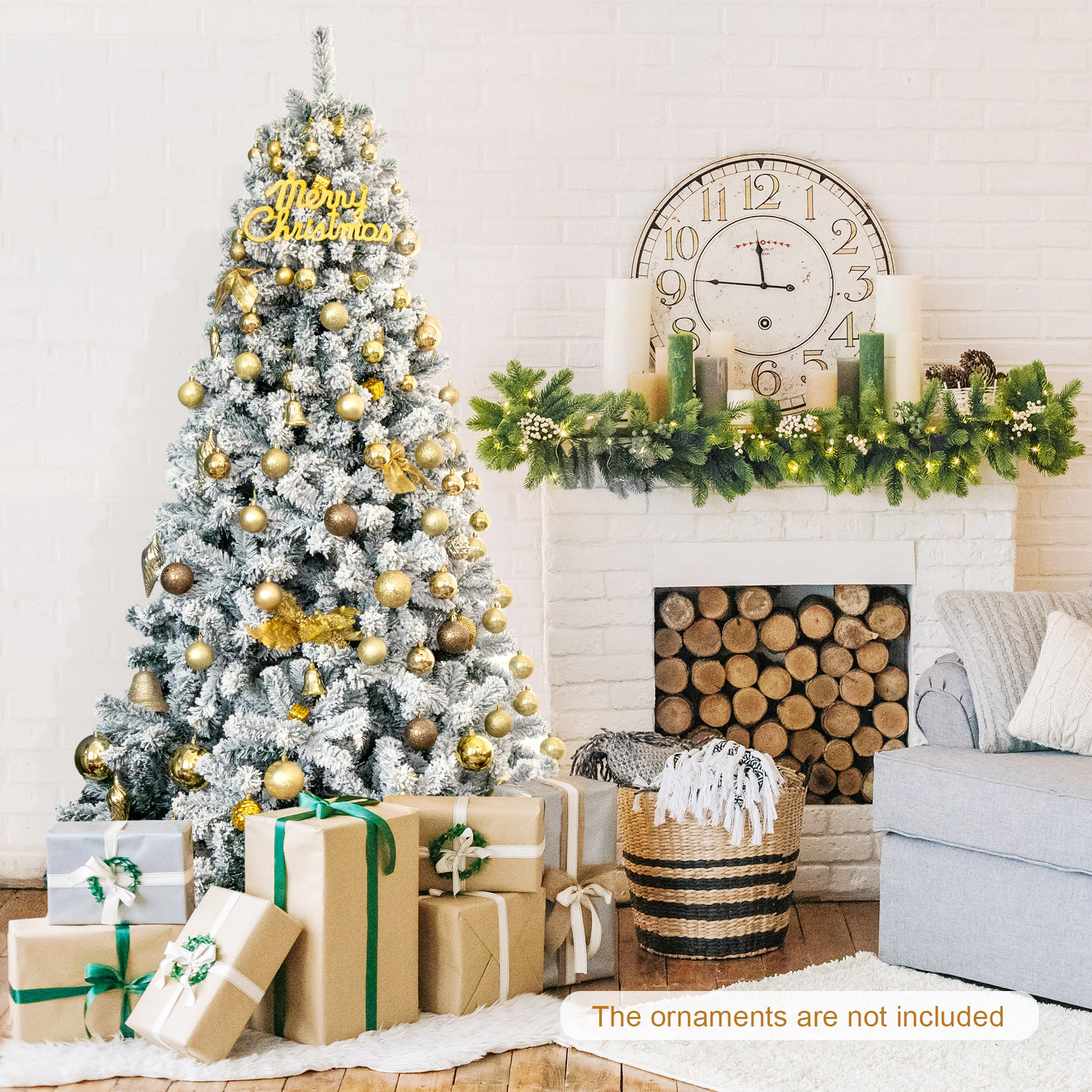 SUGIFT Snow Flocked Hinged Artificial Christmas Tree 7.5-ft Tall with 1010 Branch Tips 4 Sections with Metal Stand White