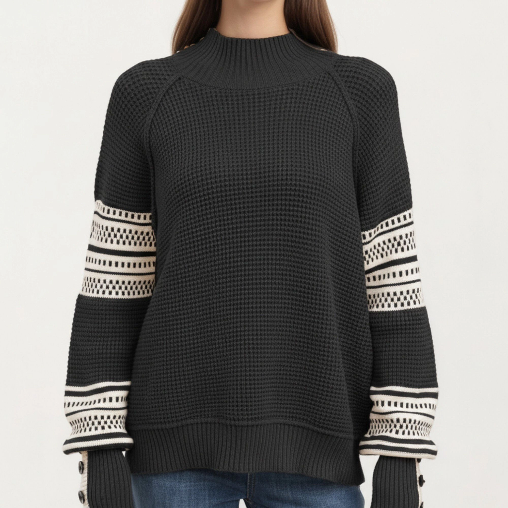 Anna-Kaci Women's Waffle Stitch Patterned Sleeve Mock Neck Long Knit Pullover Top